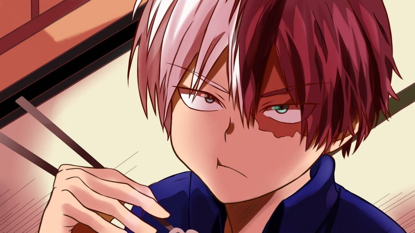 Bnha 桌布 壁紙 — 一個決心堅定的動漫男孩，頭髮半紅半白，在特寫鏡頭中將筷子靠近嘴邊。