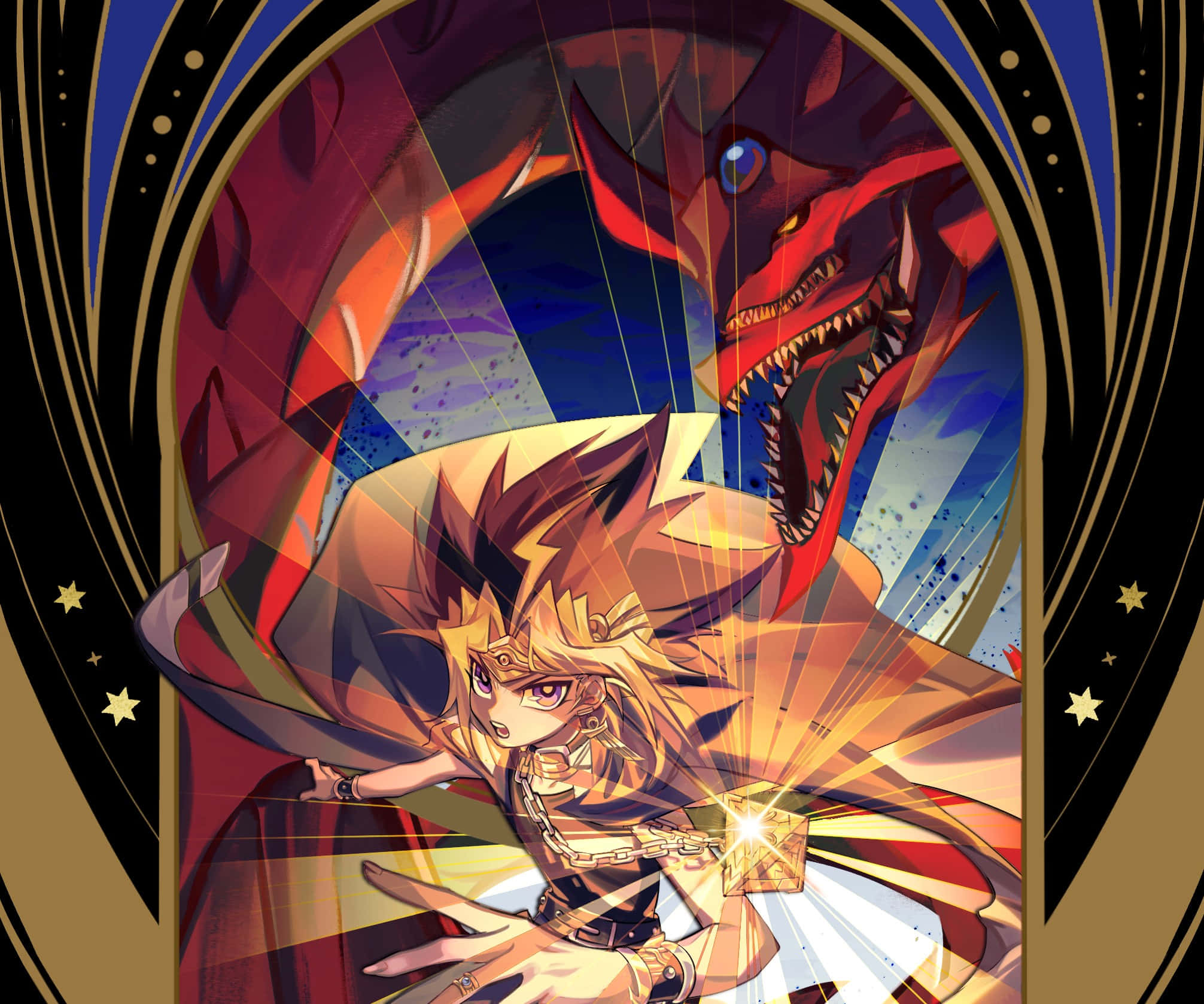 Yami Yugi 桌布 壁紙 — 一個決心堅定的動漫男孩，頭髮尖刺，通過一個閃耀著星星的拱門召喚出一條火紅的龍。