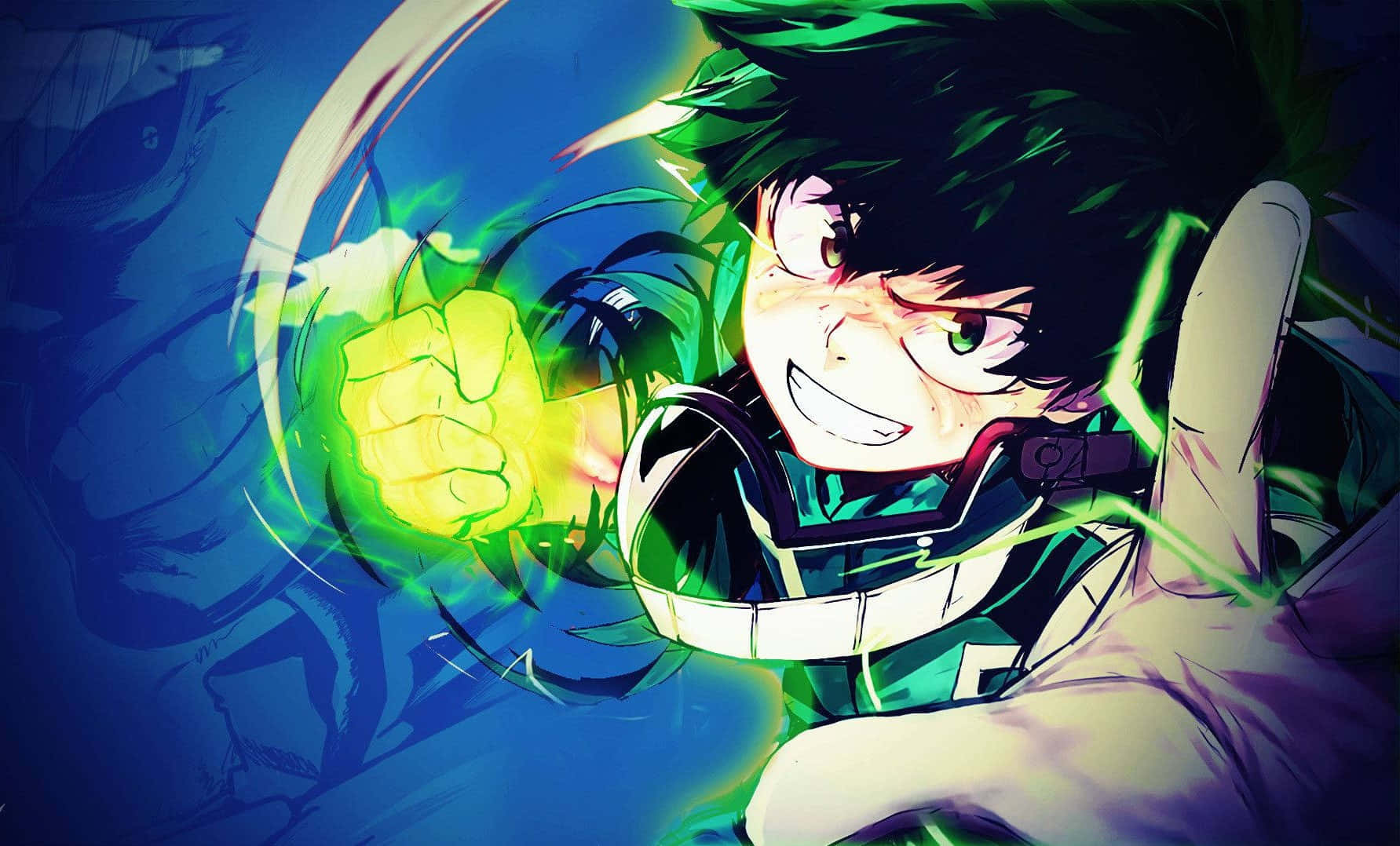 My Hero Academia Aesthetic 桌布 壁紙 — 一個決心堅定的動漫英雄，擁有綠色頭髮和發光的拳頭，在動態的藍色背景上釋放能量。