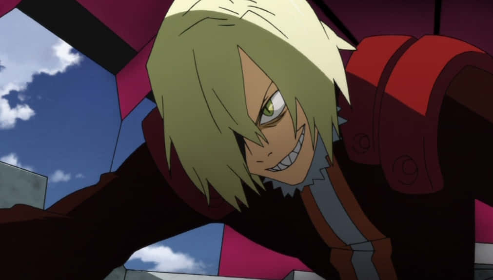 Gurren Lagann Viral 桌布 壁紙 — 一個決心堅定的動漫角色，擁有尖刺金髮和綠色眼睛，在藍天白雲下兇猛咧嘴笑。