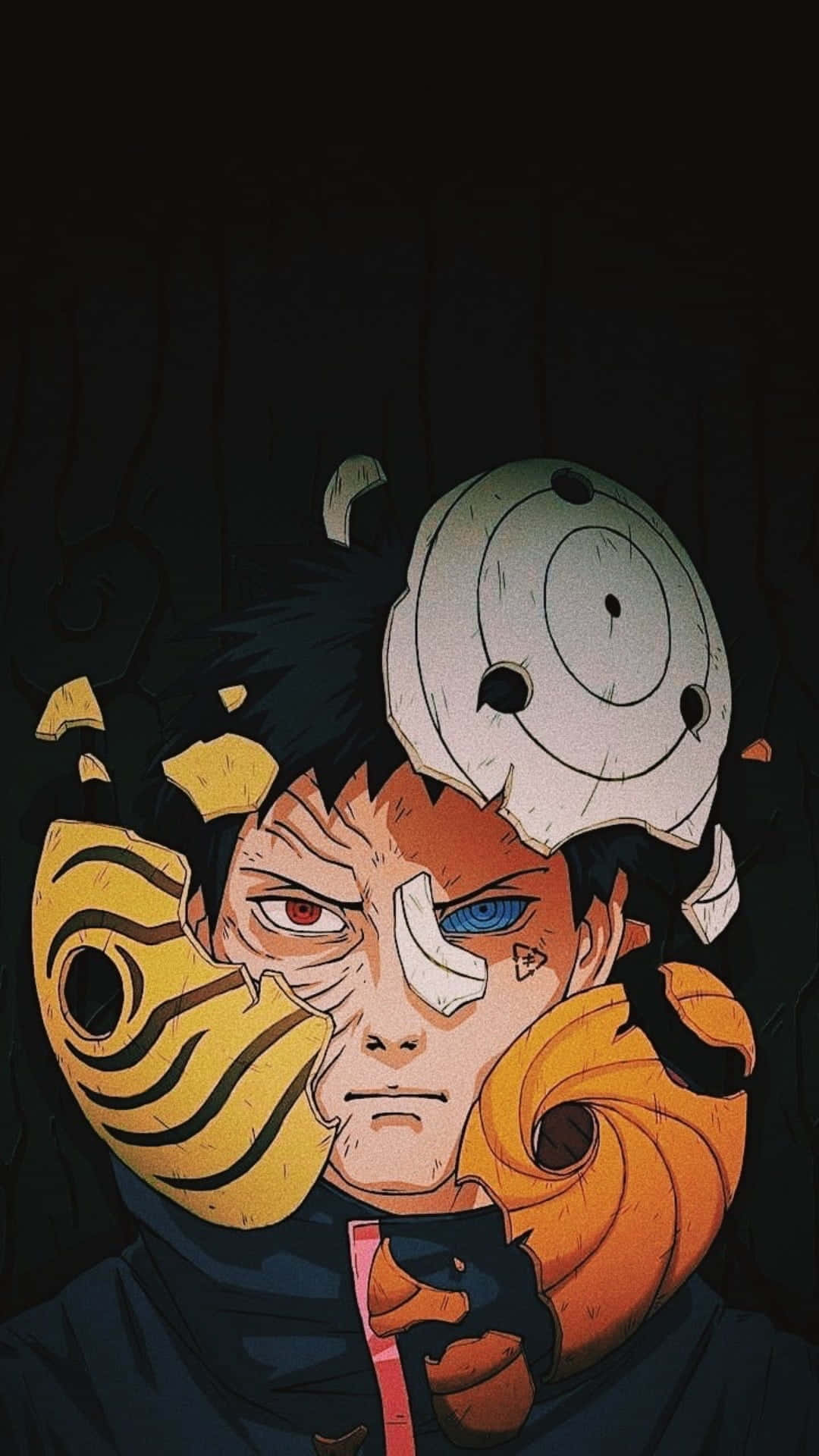 Akatsuki Tobi 桌布 壁紙 — 一個決心堅定的動漫角色，擁有紅色和藍色的眼睛，戴著破碎的面具，旋轉的橙色查克拉在他周圍爆發，背景是黑暗的。