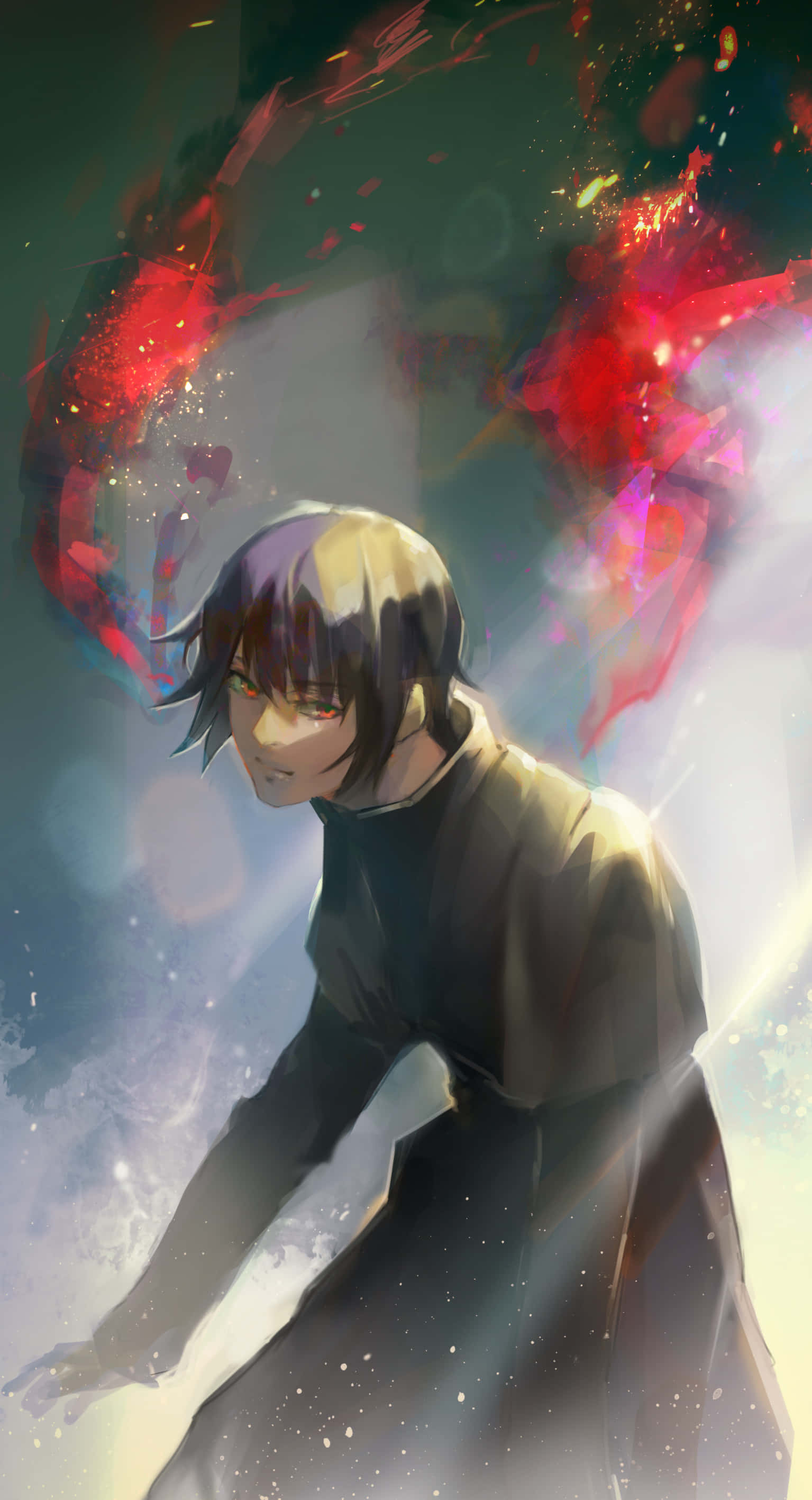 Ayato Kirishima 桌布 壁紙 — 一個決心堅定的動漫角色，擁有紫色頭髮和發光的眼睛，在宇宙背景下以動態姿勢引導熾熱的紅色能量。