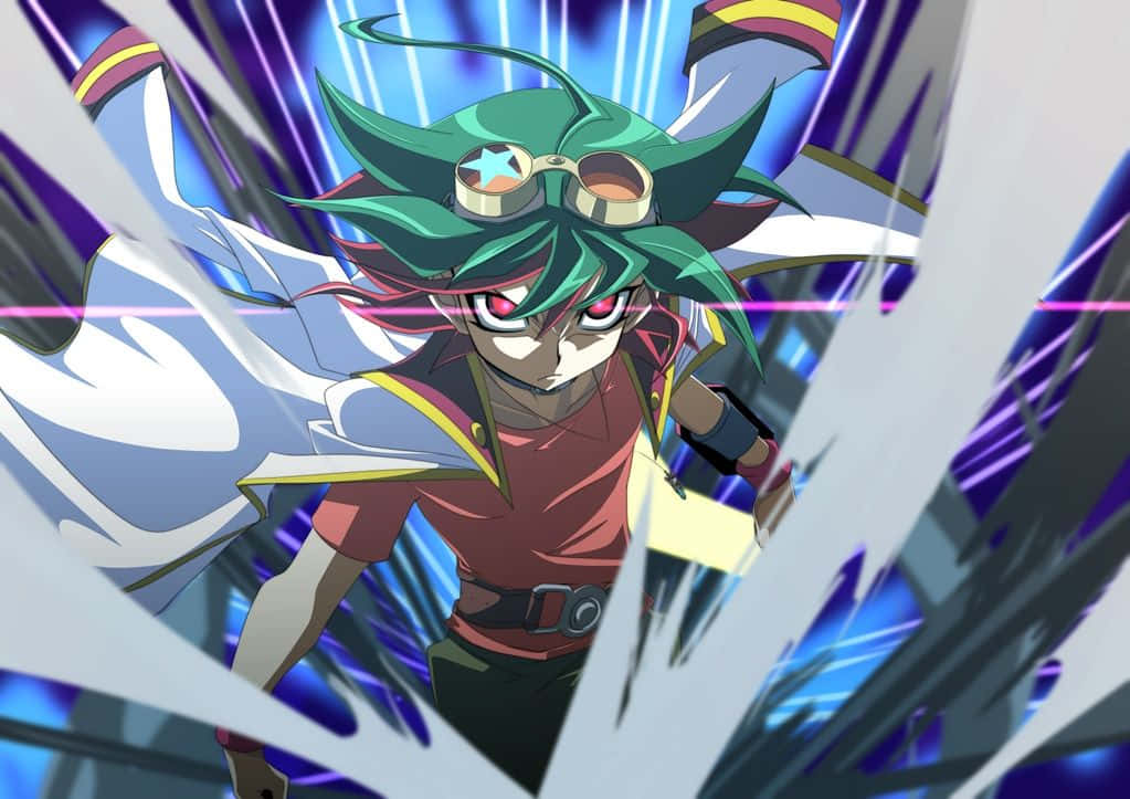 Yuya Sakaki 桌布 壁紙 — 一個決心堅定的動漫角色，擁有綠色頭髮和護目鏡，衝過充滿動感的藍白能量爆發。