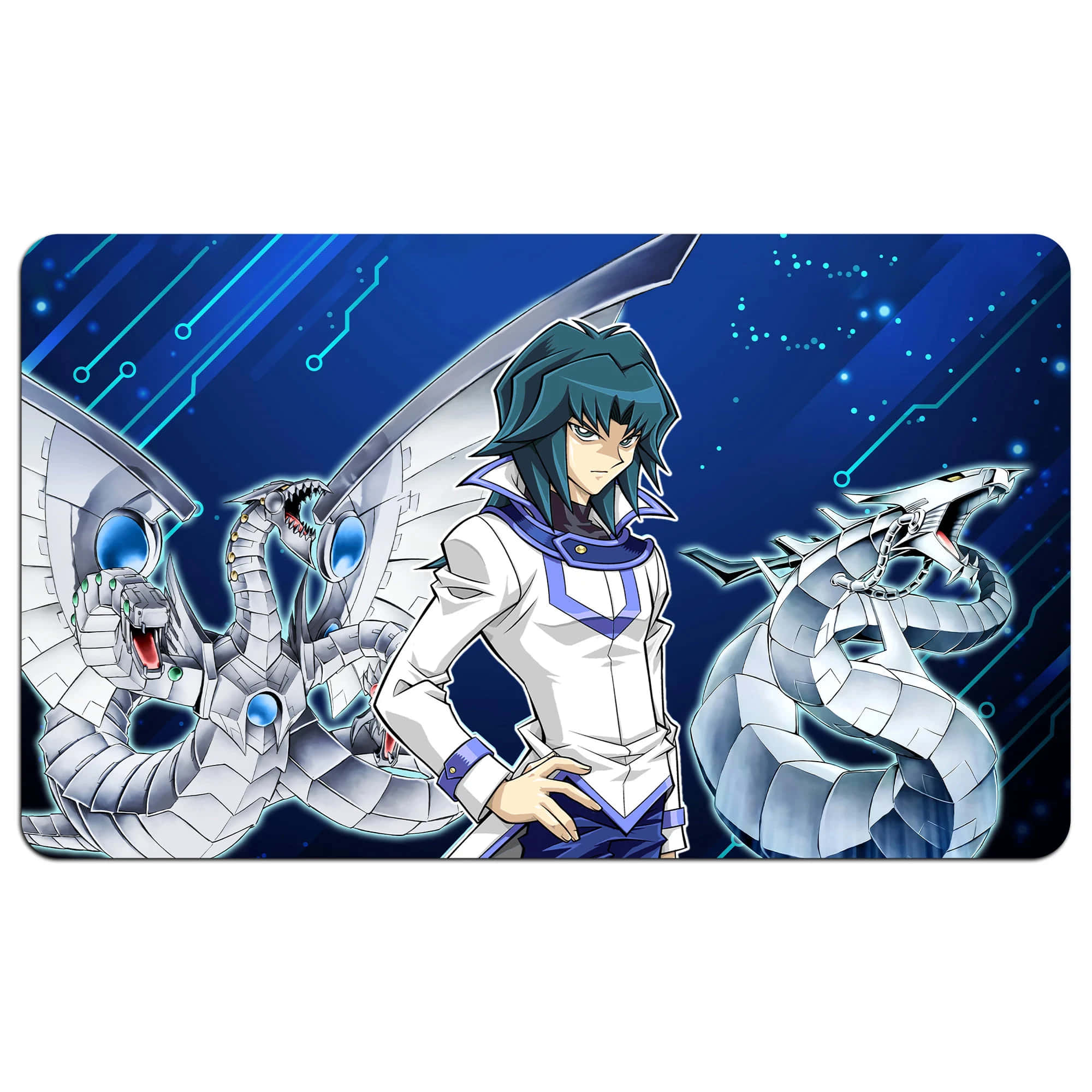 Zane Truesdale 桌布 壁紙 — 一個決心堅定的動漫角色，擁有青色頭髮，自信地站立，兩側是兩條機械銀龍，背景是發光的藍色數位星域。