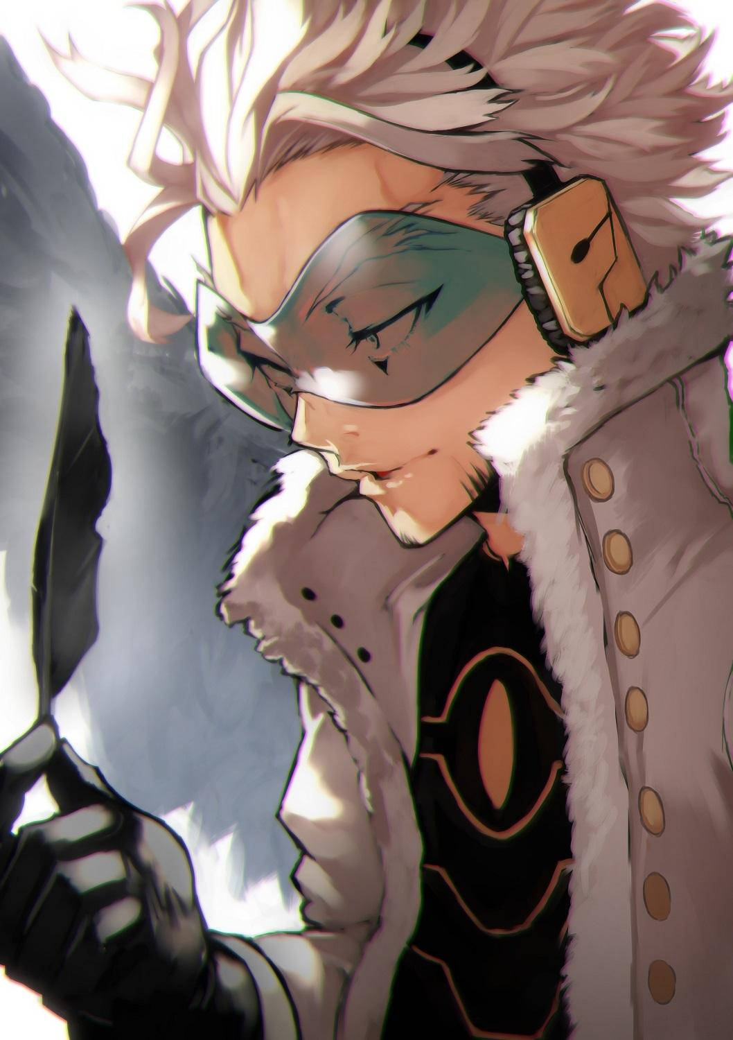 Hawks My Hero Academia 桌布 壁紙 — 一個決心堅定的動漫角色，白髮戴面具，在戲劇性的特寫中緊握刀刃。