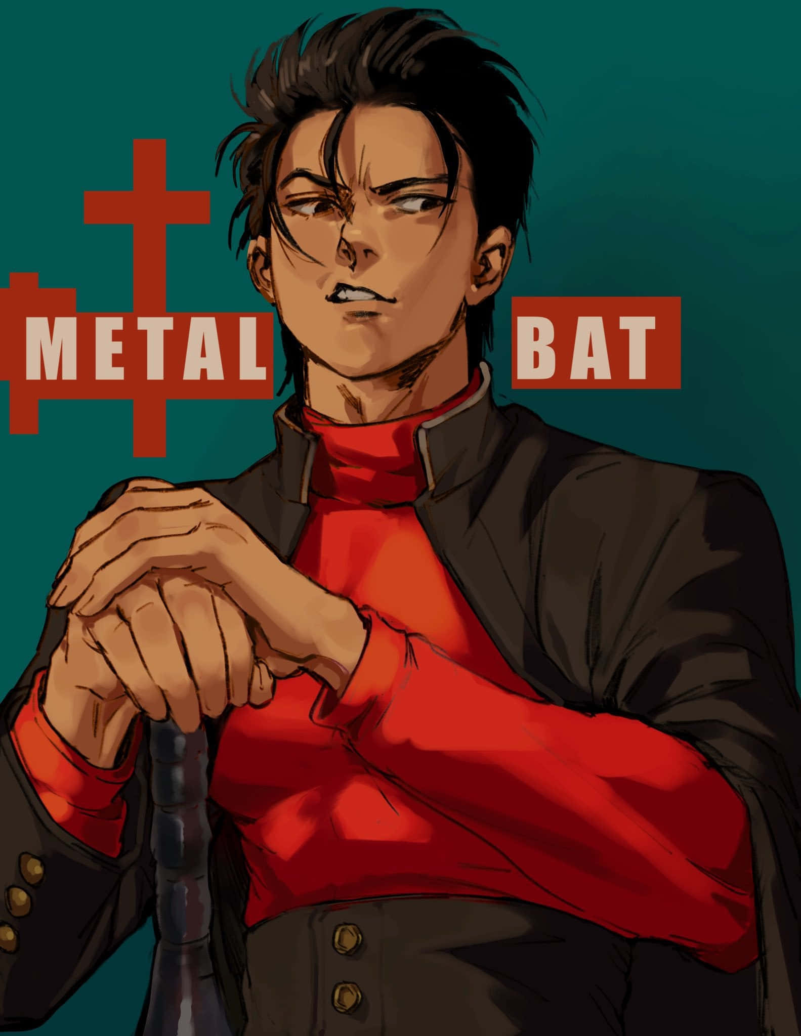 Metal Bat 桌布 壁紙 — 一個決心堅定的動漫角色，身穿紅衫黑外套，在青綠色背景上握著球棒，並有粗體紅色文字。