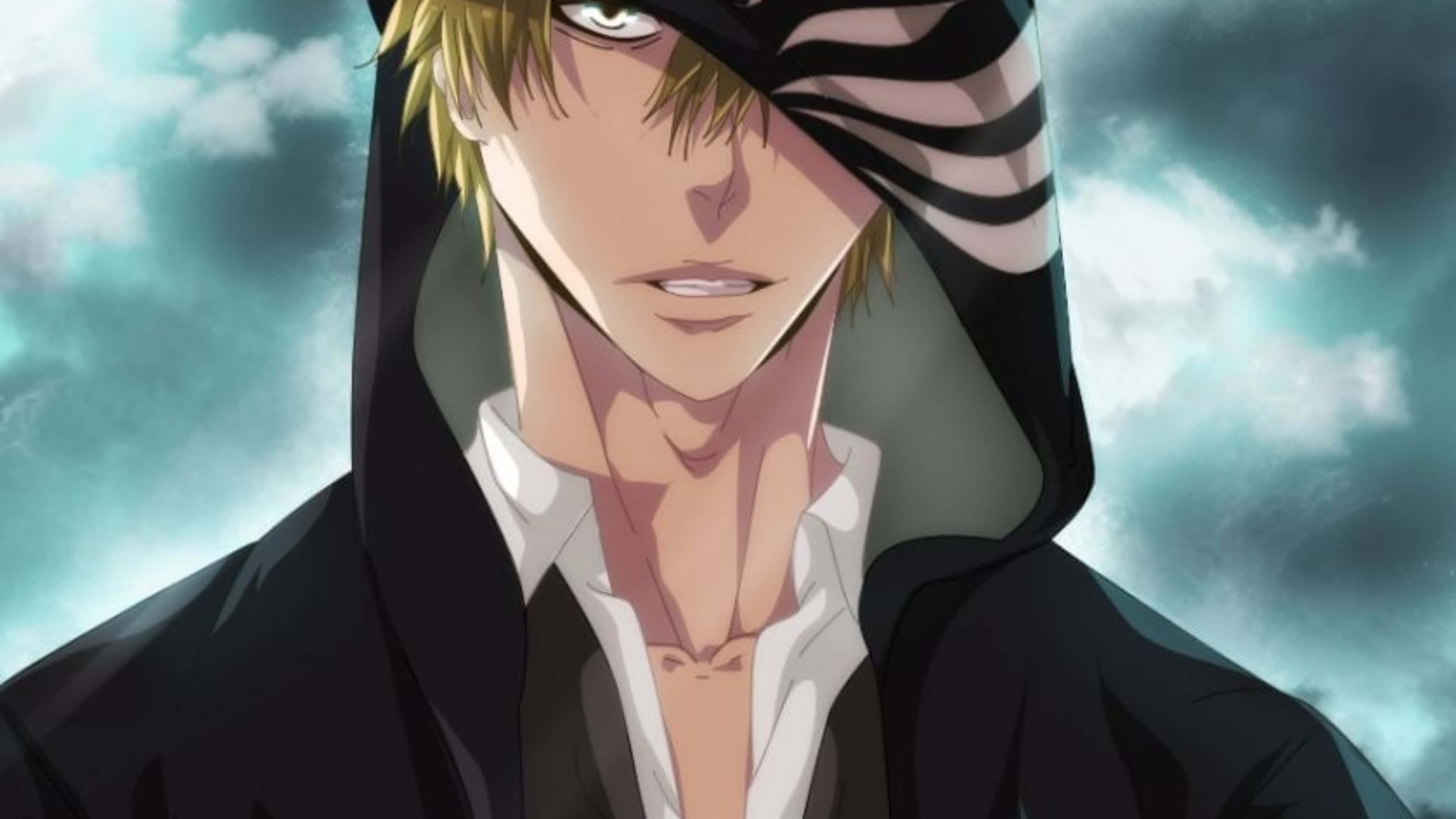 Ichigo 4K 桌布 壁紙 — 一個決心堅定的動漫角色，金髮，身穿黑色連帽外套，站在風暴般的青綠色天空前。