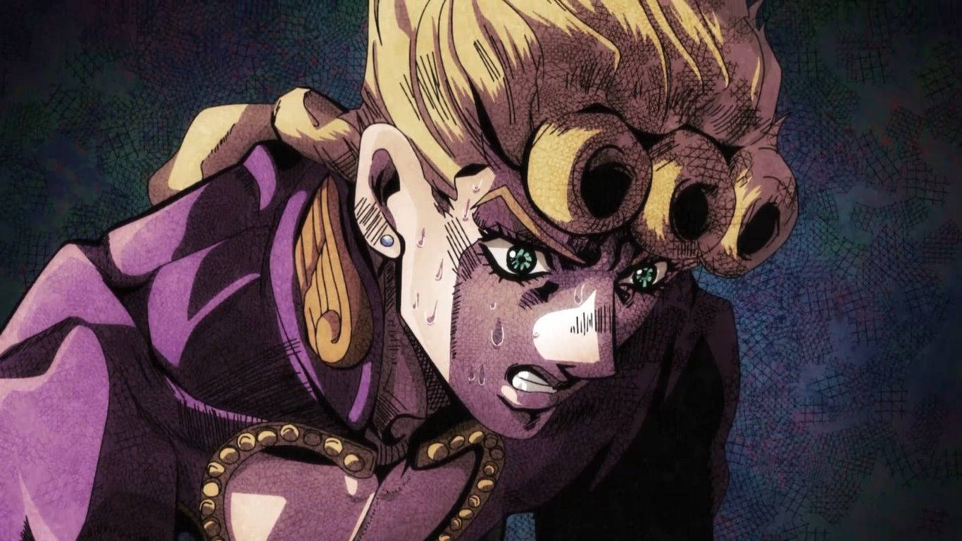 Giorno 桌布 壁紙 — 一個決心堅定的動漫角色，金髮綠眼，在深色紋理背景上，汗水滴落臉上，凝視著。