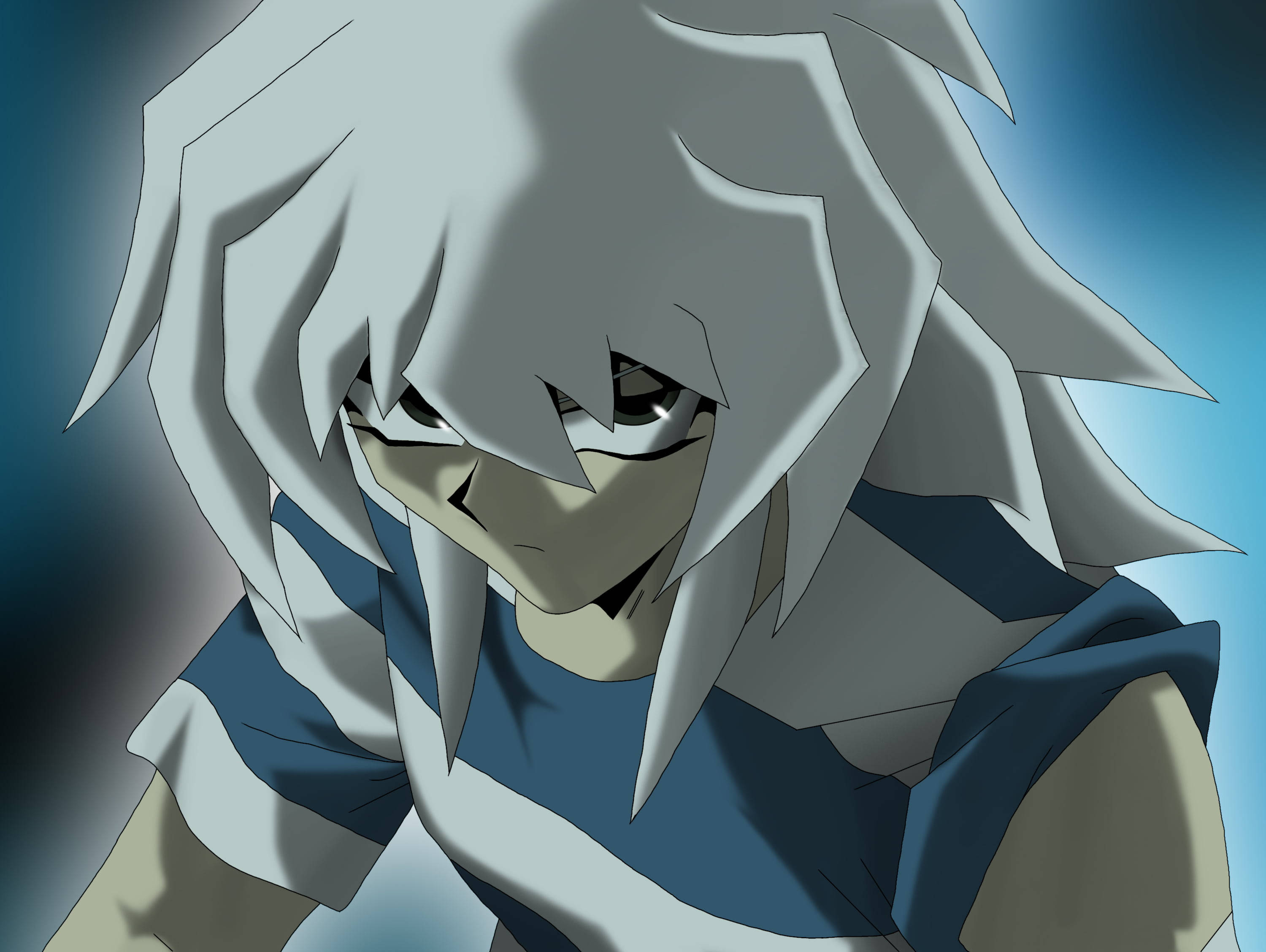 Yu Gi Oh 桌布 壁紙 — 一個決心堅定的動漫角色特寫，擁有尖刺銀色頭髮和銳利眼神，背景為漸變藍色。