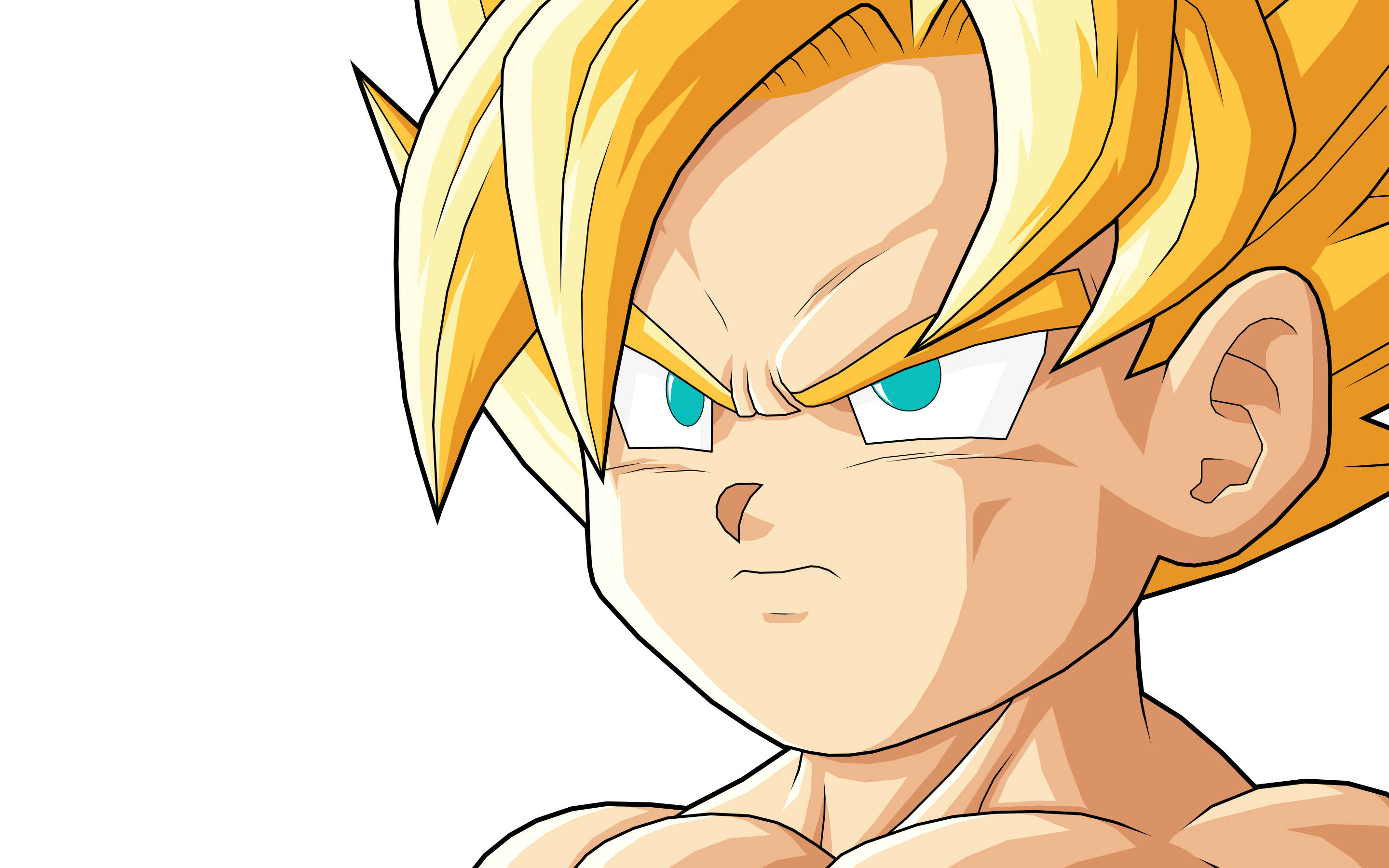 Goten 桌布 壁紙 — 一個決心堅定的動漫角色特寫，擁有尖刺金髮和強烈的藍色眼睛，背景為純白色。