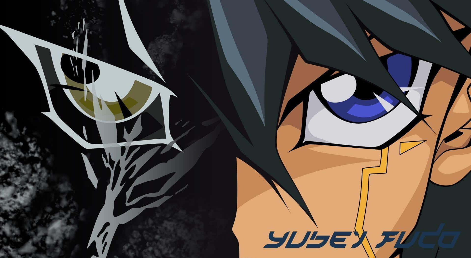 Yusei Fudo 桌布 壁紙 — 一個決心堅定的動漫角色特寫，擁有藍色眼睛和深色頭髮，背景為深色，帶有風格化的眼睛圖案。