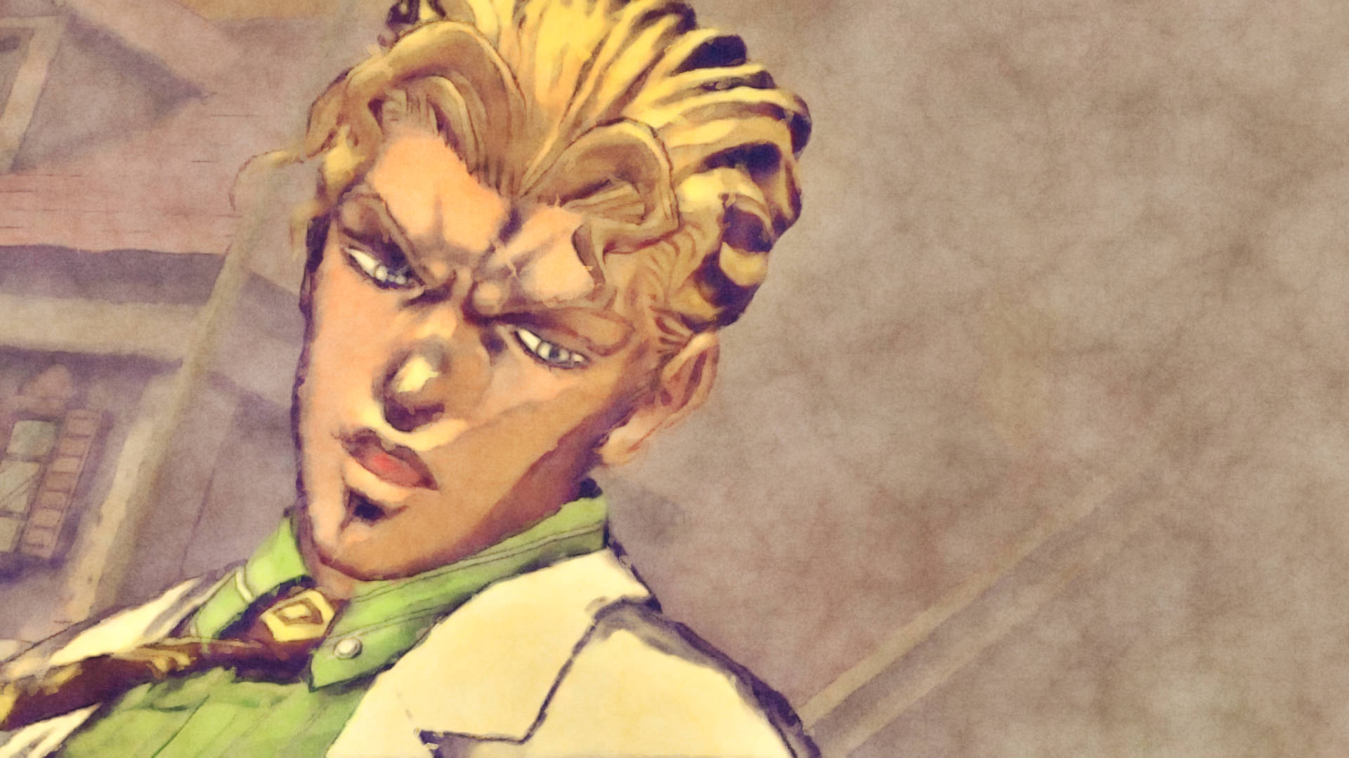 jojo 4K 桌布 壁紙 — 一個決心堅定的動漫角色特寫，擁有尖刺金髮和強烈的藍色眼睛，穿著綠色襯衫和白色外套。
