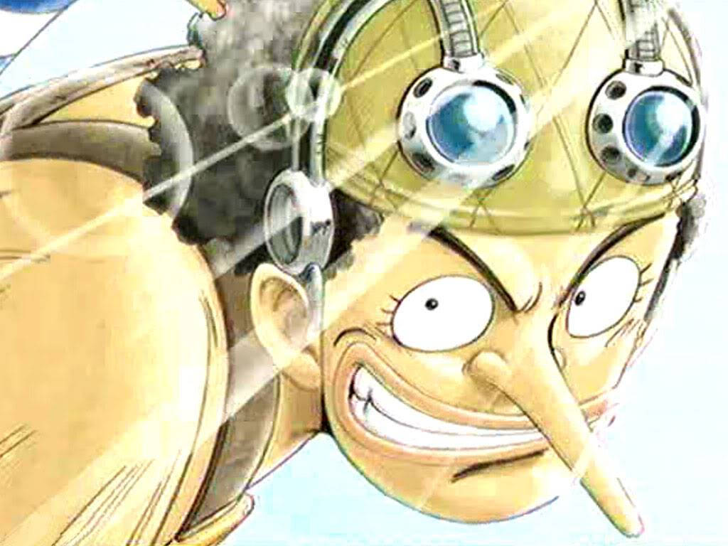 one piece usopp 桌布 壁紙 — 一個決心堅定的動漫角色特寫，長鼻子戴著護目鏡，在明亮背景下兇猛微笑。