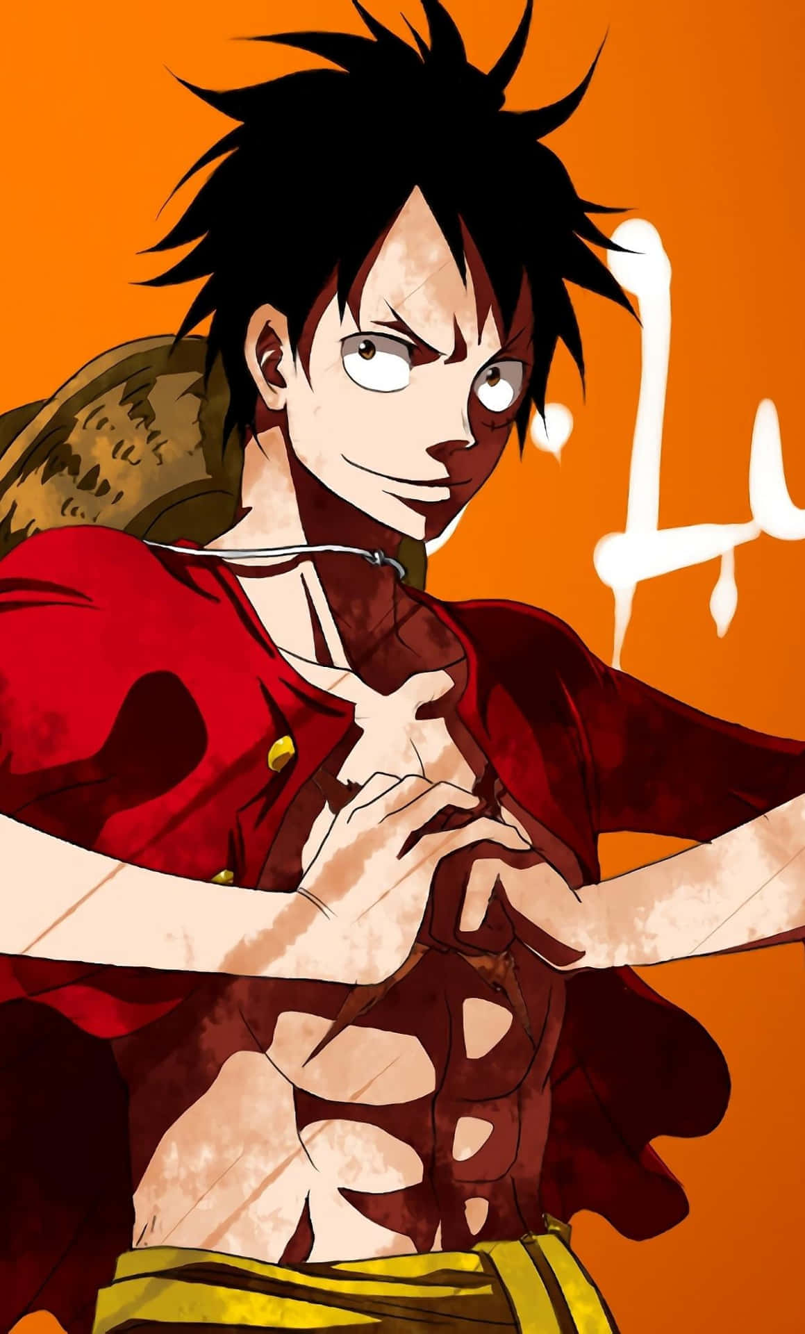 Luffy 桌布 壁紙 — 一個決心堅定的動畫海盜，擁有尖刺黑髮和紅色外套，站在火橙色背景前，帶有白色風格化文字。