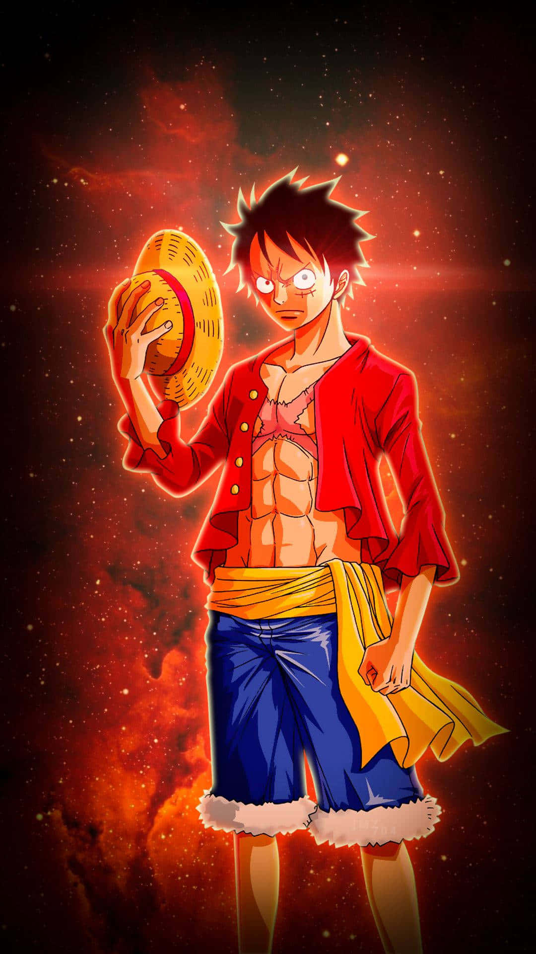 Straw Hat Pirates 桌布 壁紙 — 一個決心堅定的動畫海盜，留著尖刺般的黑髮，在熾熱的宇宙背景下舉起他的草帽。