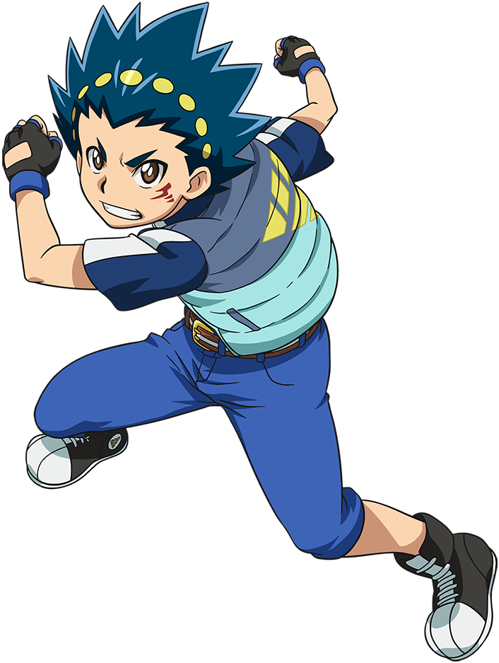 Beyblade 桌布 壁紙 — 一個決心堅定的動畫男孩，擁有尖刺的藍色頭髮和黃色圓點，在黑色背景前以動態姿勢向前衝刺。
