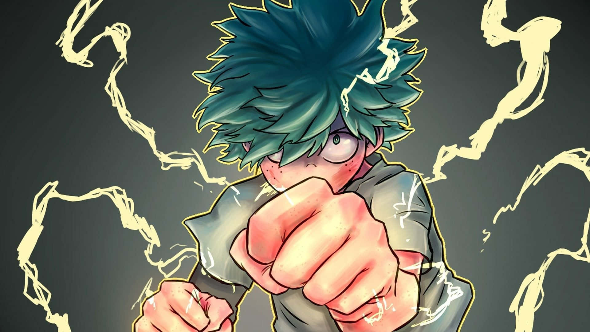 My Hero Academia Deku 桌布 壁紙 — 一個決心堅定的動畫男孩，擁有尖刺的藍綠色頭髮，在深灰色背景前向前出拳，周圍環繞著黃色閃電。