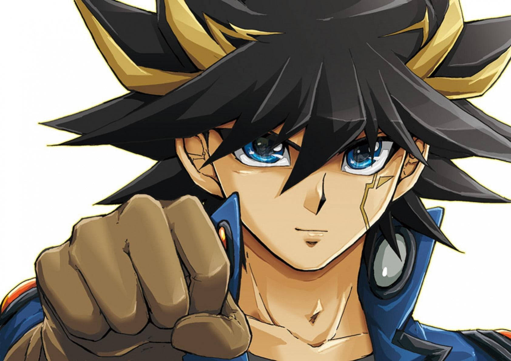 Yu Gi Oh 桌布 壁紙 — 一個決心堅定的動畫男孩，擁有尖刺的黑金髮和藍眼睛，握緊拳頭向前指。