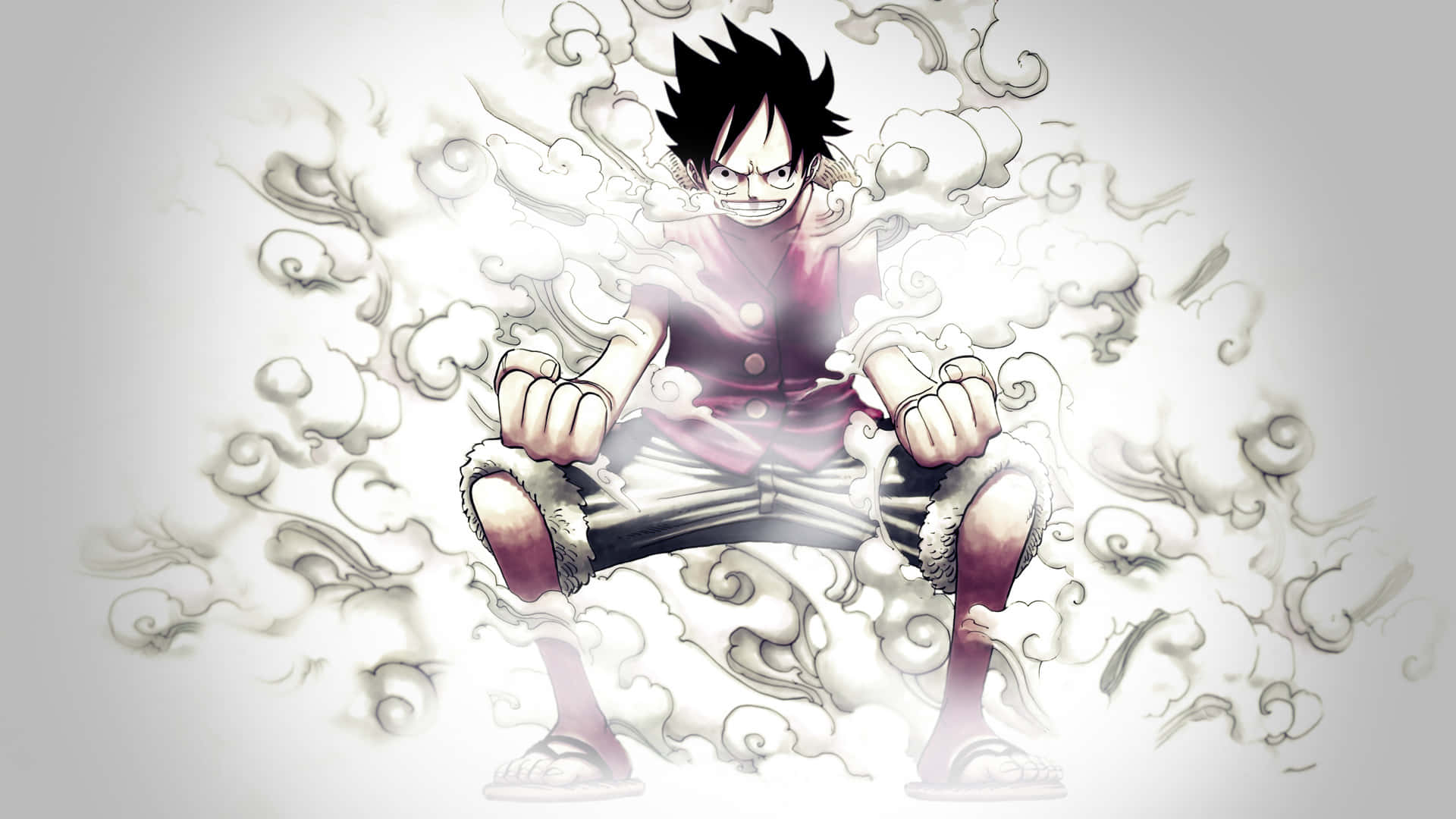 Luffy 桌布 壁紙 — 一個決心堅定的動畫男孩，有著刺刺的黑髮，坐在純灰色背景前，被旋轉的白煙環繞。