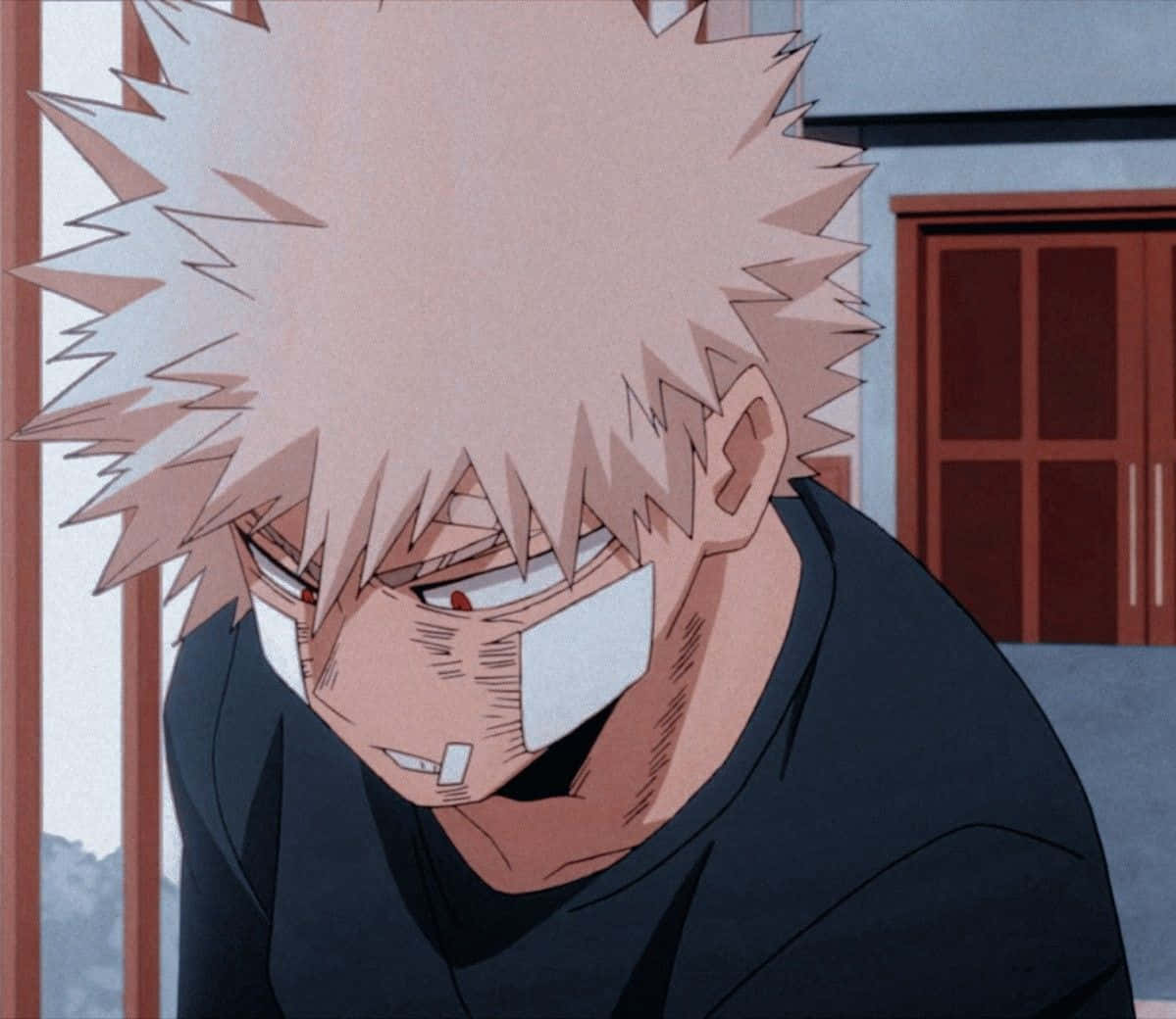 Bakugou Aesthetic 桌布 壁紙 — 一個決心堅定的動畫男孩，有著尖刺的粉紅色頭髮和白色面具，在特寫鏡頭中咬牙切齒。