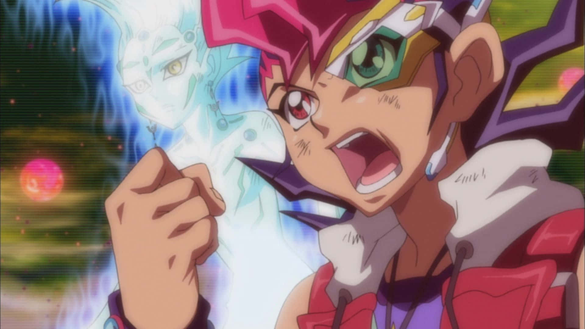 Yu-gi-oh Astral 桌布 壁紙 — 一個決心堅定的動畫男孩，紅眼睛，戴著粉紅色頭盔，一邊大喊一邊在身後召喚出一個發光的藍色靈魂。