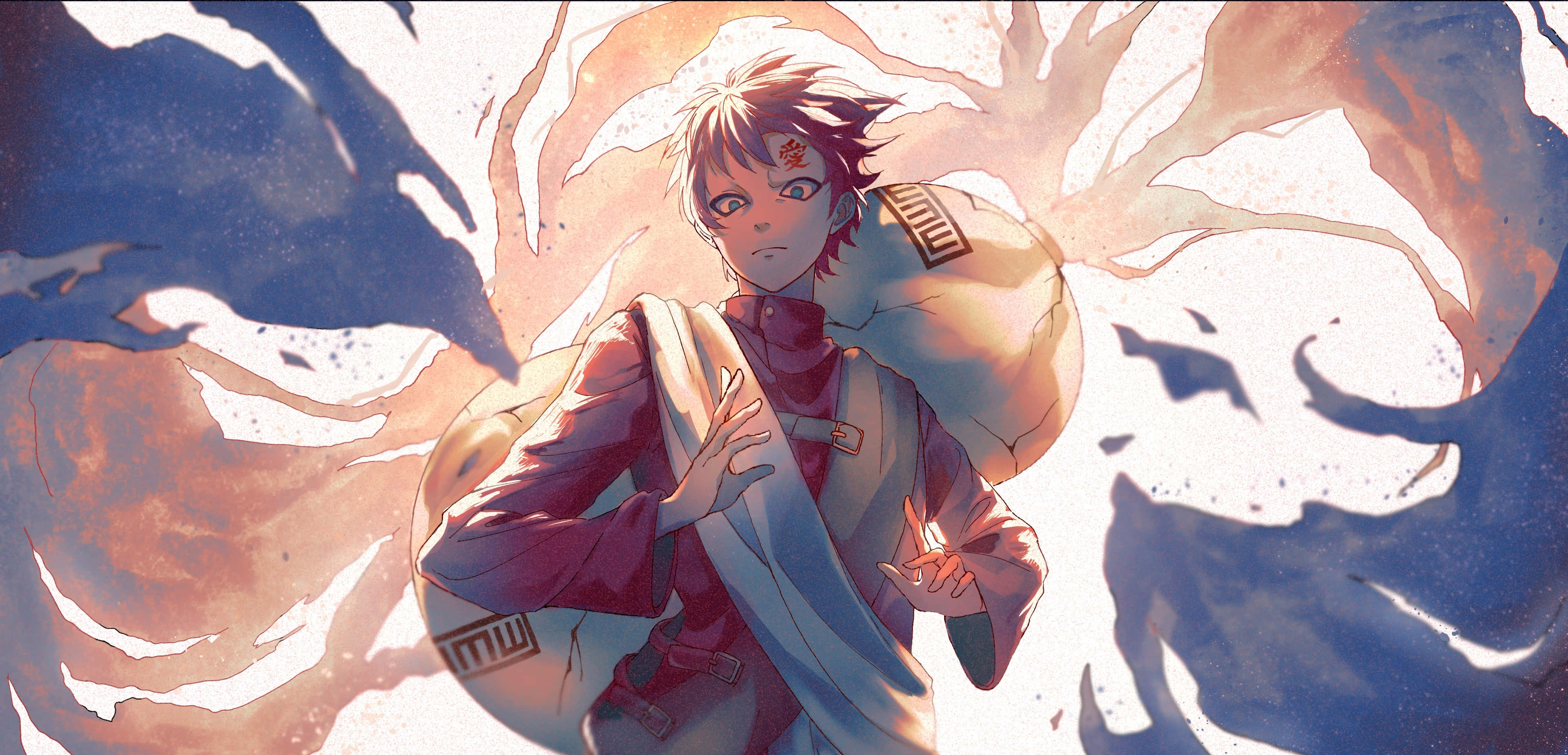 Gaara Naruto Anime 桌布 壁紙 — 一個決心堅定的動畫男孩，紅髮戴頭帶，站在旋轉的橙色和藍色能量觸手之中。