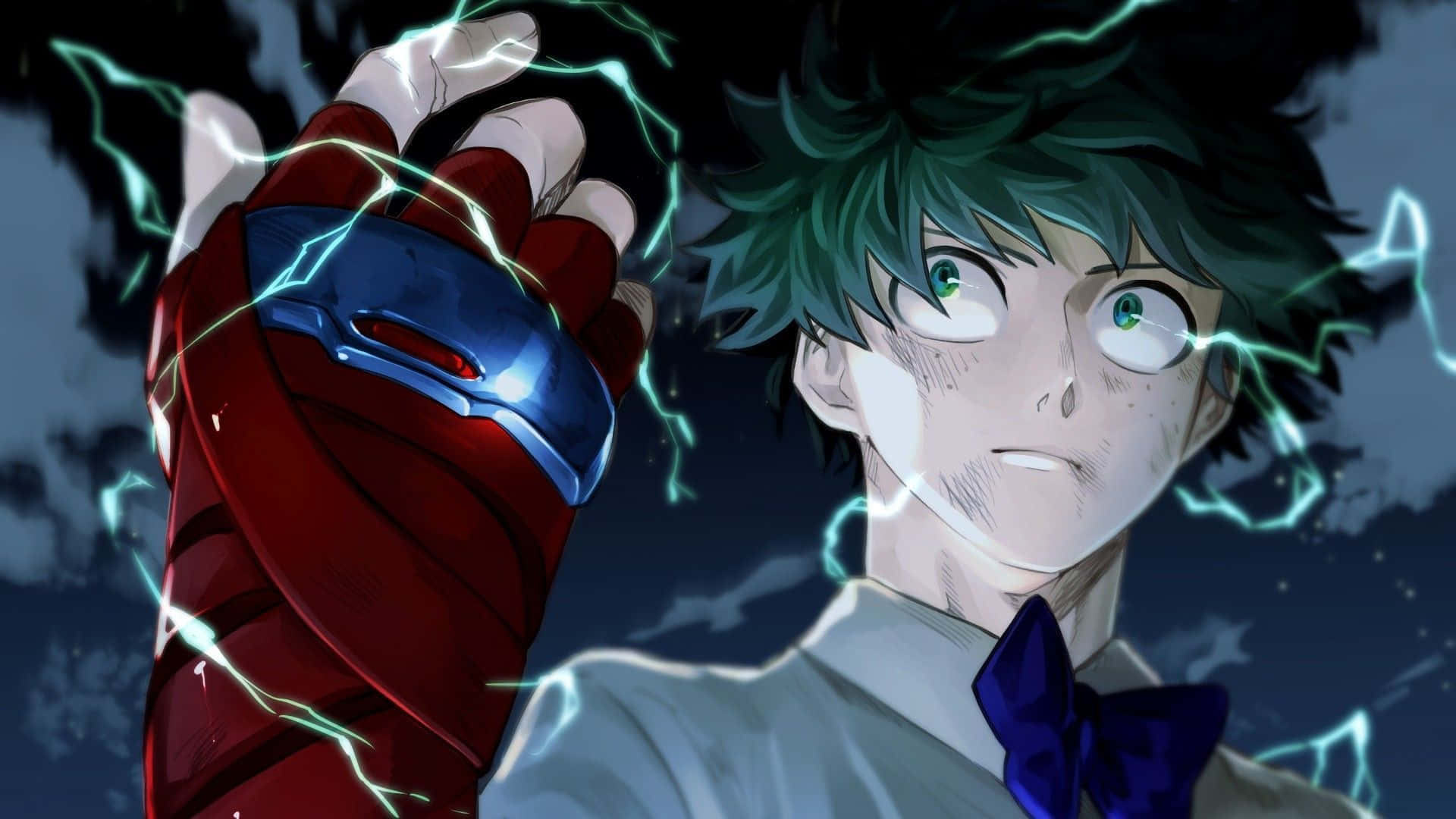 My Hero Academia Deku 桌布 壁紙 — 一個決心堅定的動畫男孩，綠色頭髮，透過他的紅色和藍色手套向暴風雨的夜空引導電能。