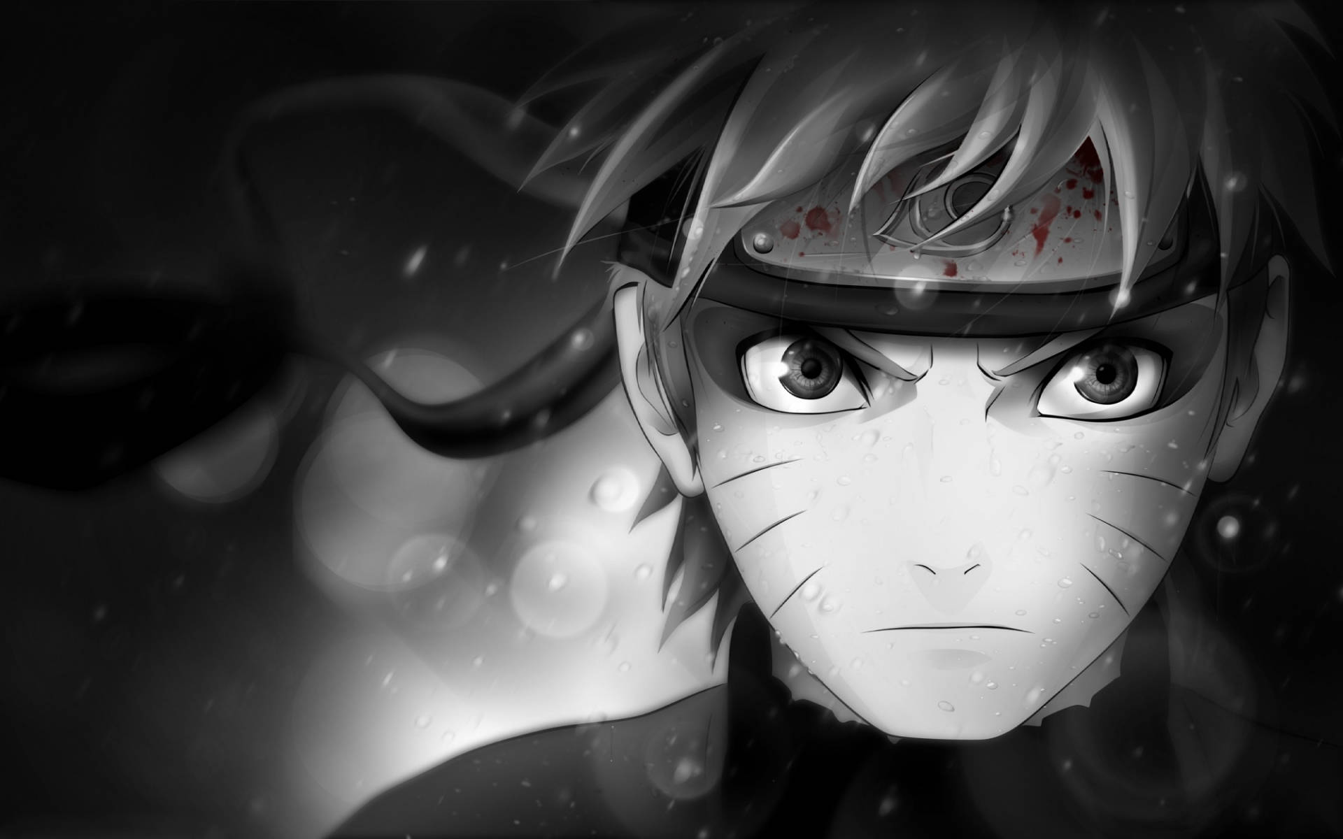 Naruto Final Form 桌布 壁紙 — 一個決心堅定的動畫男孩，臉上帶有鬍鬚印記和沾滿血跡的頭帶，在黑暗模糊的背景中透過雨滴凝視著。