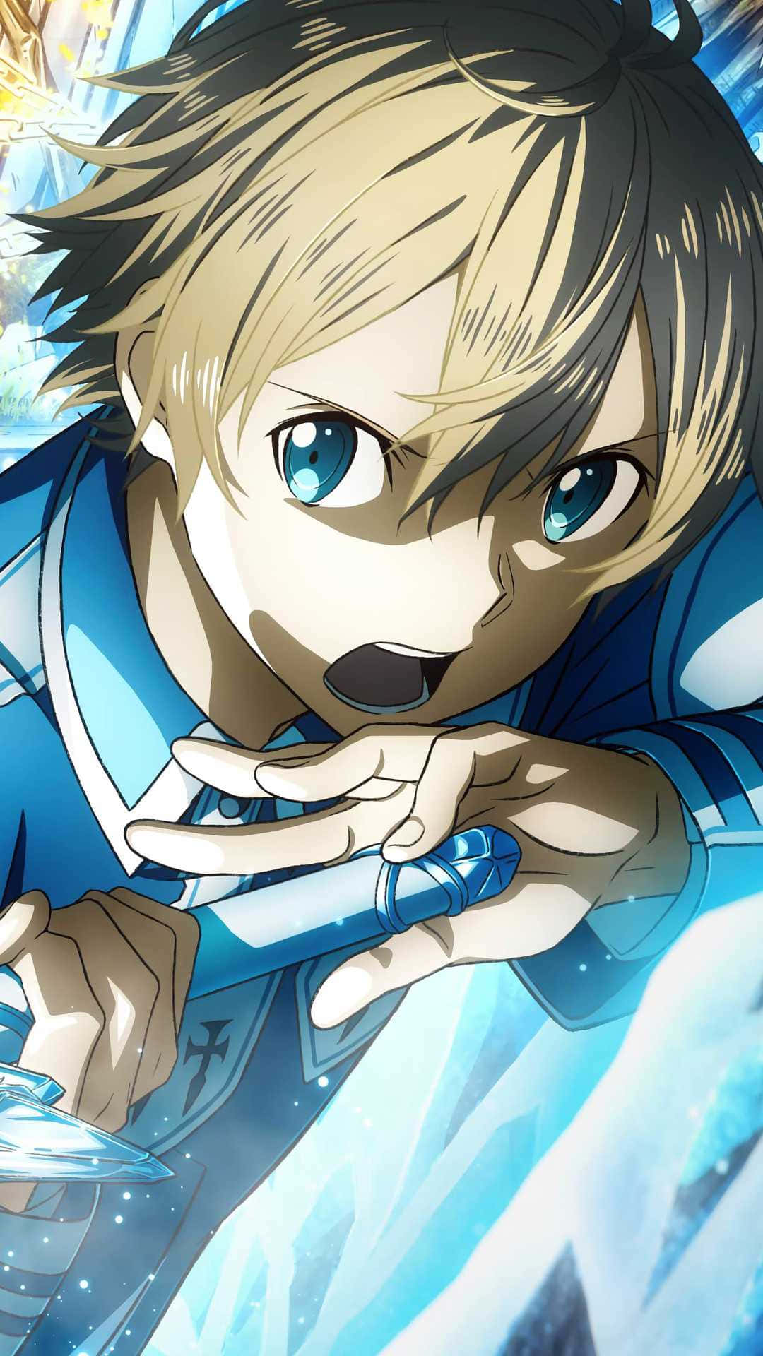 Sword Art Online Eugeo 桌布 壁紙 — 一個決心堅定的動畫男孩，藍眼睛、金髮，以動態動作姿勢握著一把發光的藍色劍。
