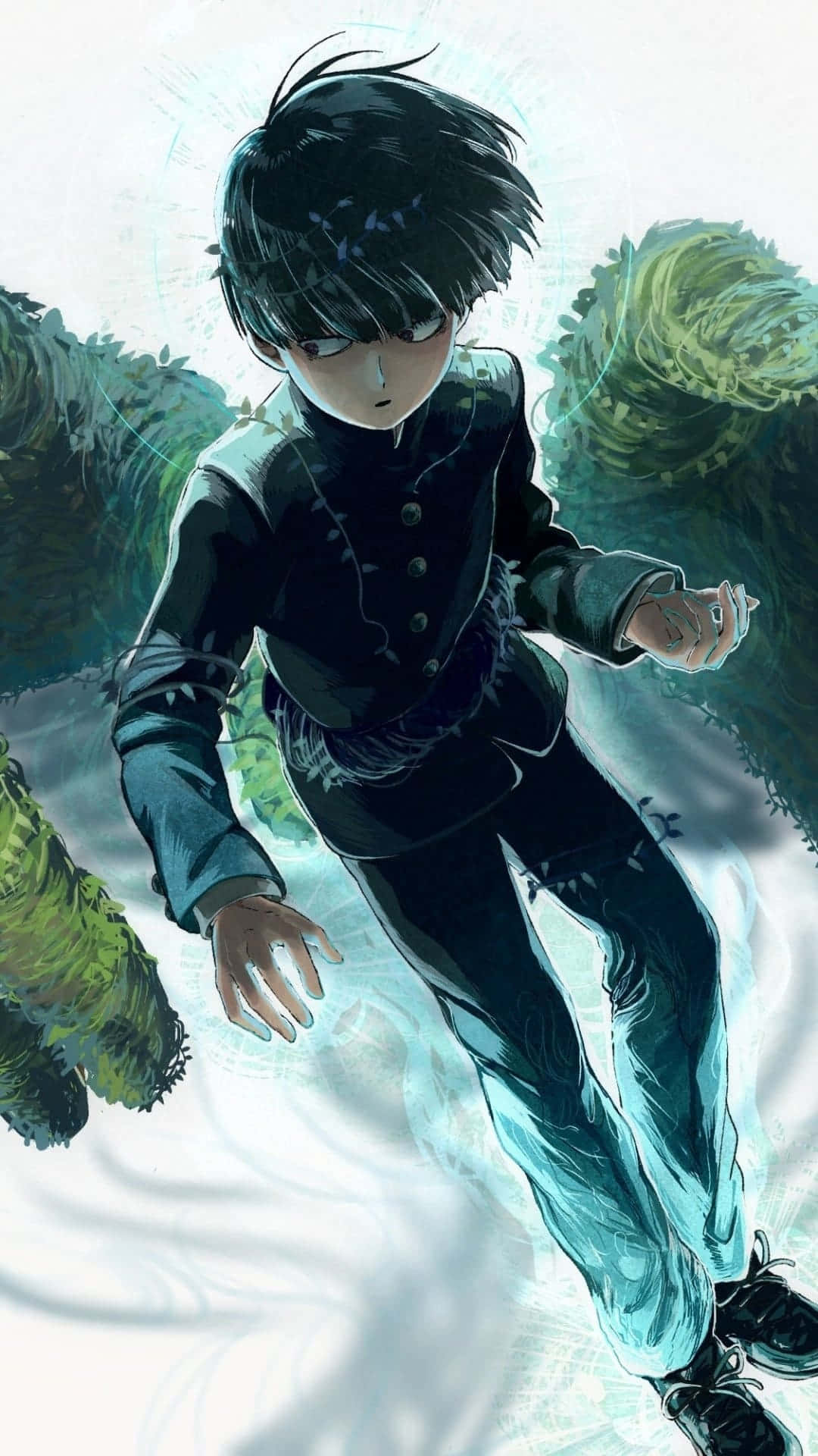 Horror Anime Boy 桌布 壁紙 — 一個決心堅定的動畫男孩，身穿深色制服，在旋轉的綠色樹葉中奔跑，周圍環繞著發光的能量。
