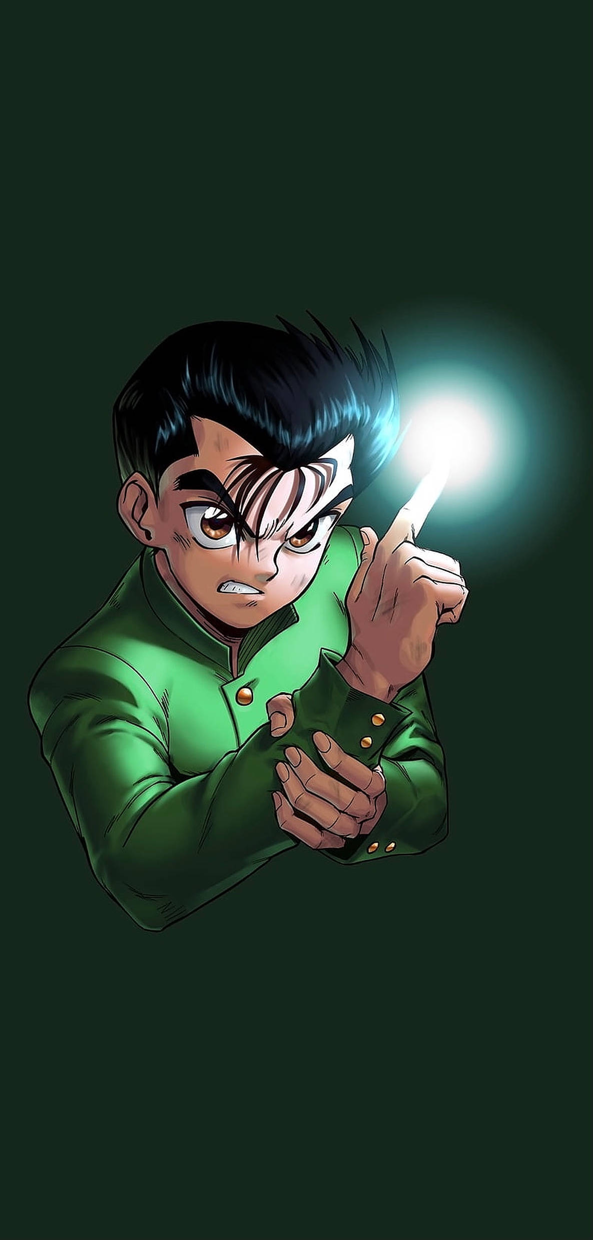 yuyu hakusho 桌布 壁紙 — 一個決心堅定的動畫男孩，身穿綠色外套，手指向前方，指尖迸發出明亮的發光，背景是深綠色。