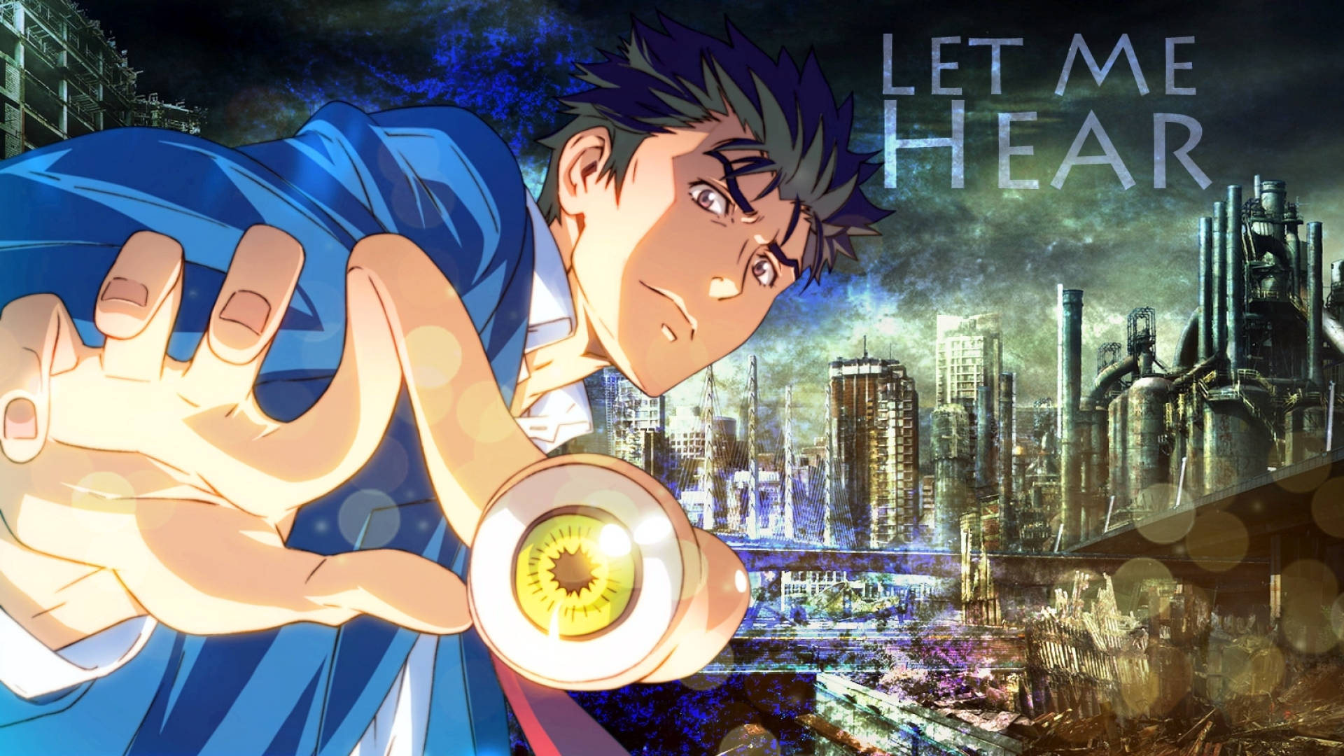 Parasyte 桌布 壁紙 — 一個決心堅定的動畫男孩，身穿藍色外套，在黑暗的未來城市景觀中向一個發光的黃色球體伸出手。