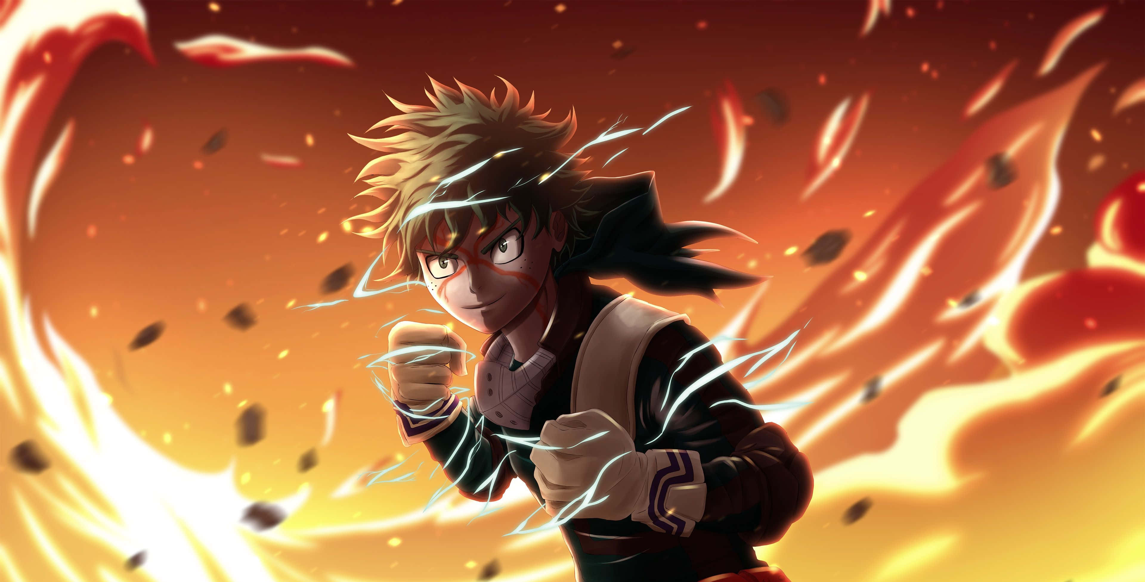 My Hero Academia Deku 桌布 壁紙 — 一個決心堅定的動畫男孩，頭髮尖刺，在橙色和黃色火花的猛烈爆炸中引導電能。