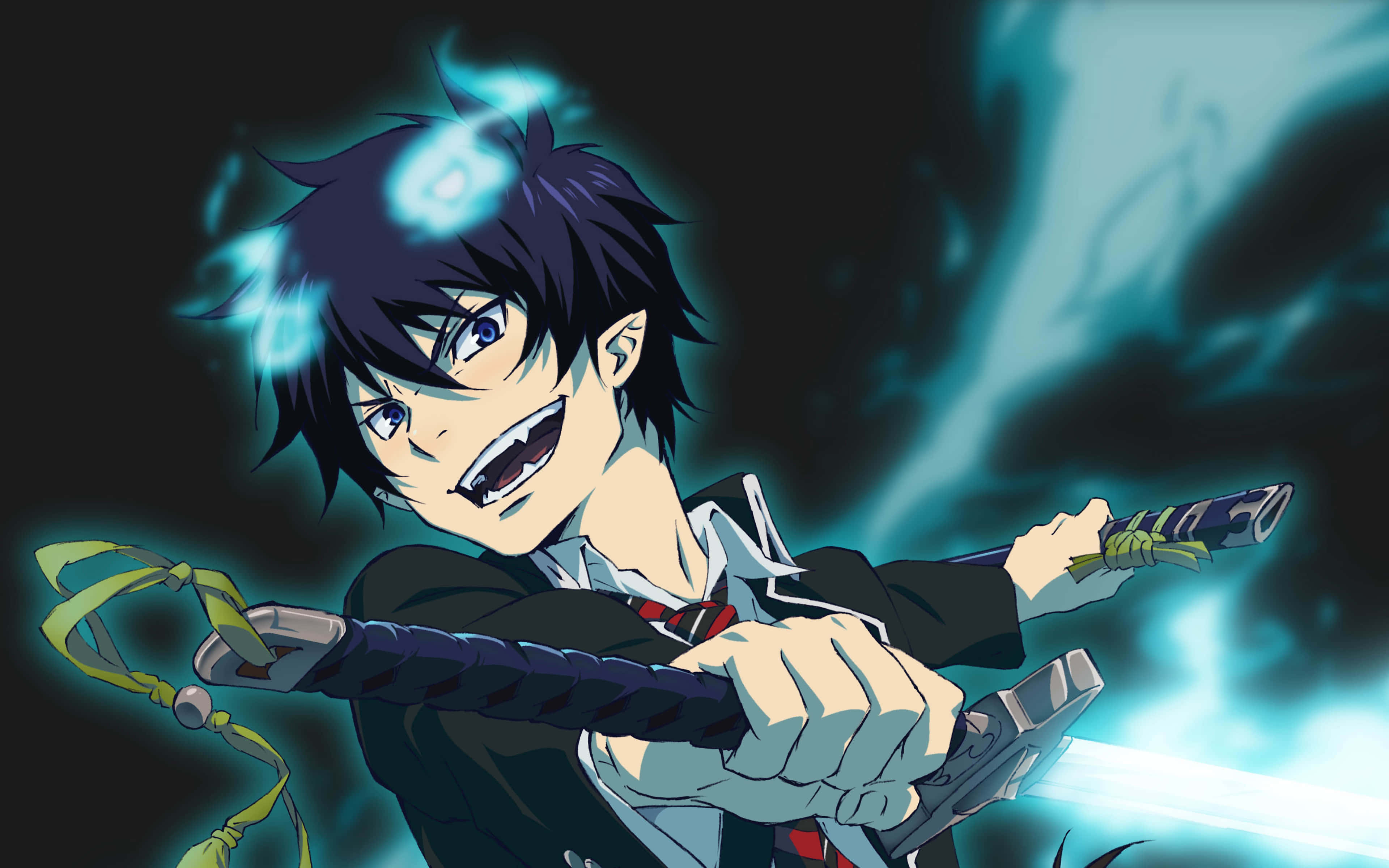 Blue Exorcist 桌布 壁紙 — 一個決心堅定的動畫男孩，黑髮，在暴風雨般的青綠色背景中揮舞著發光的劍。