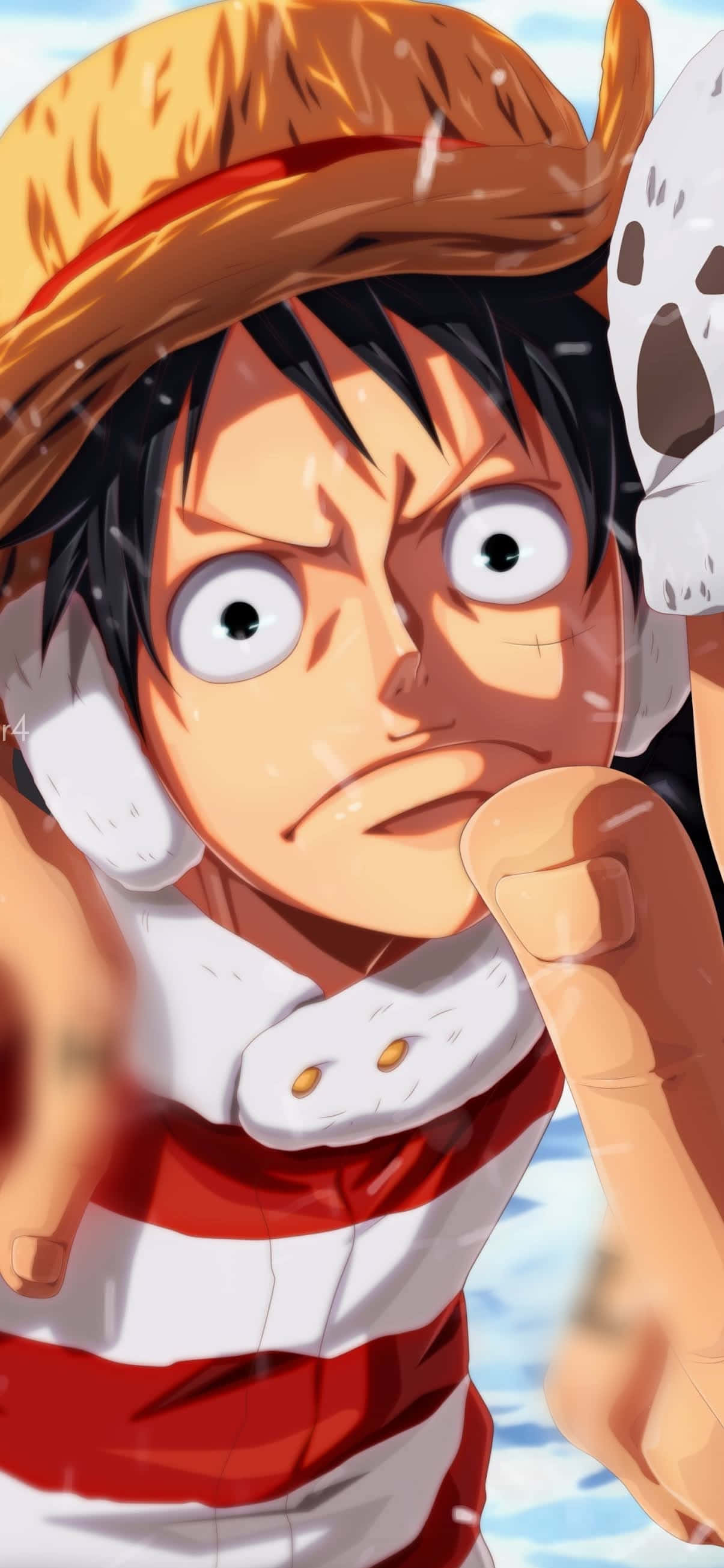 Luffy Phone 桌布 壁紙 — 一個決心堅定的動畫男孩，黑髮戴草帽，對著明亮的藍天緊握拳頭。