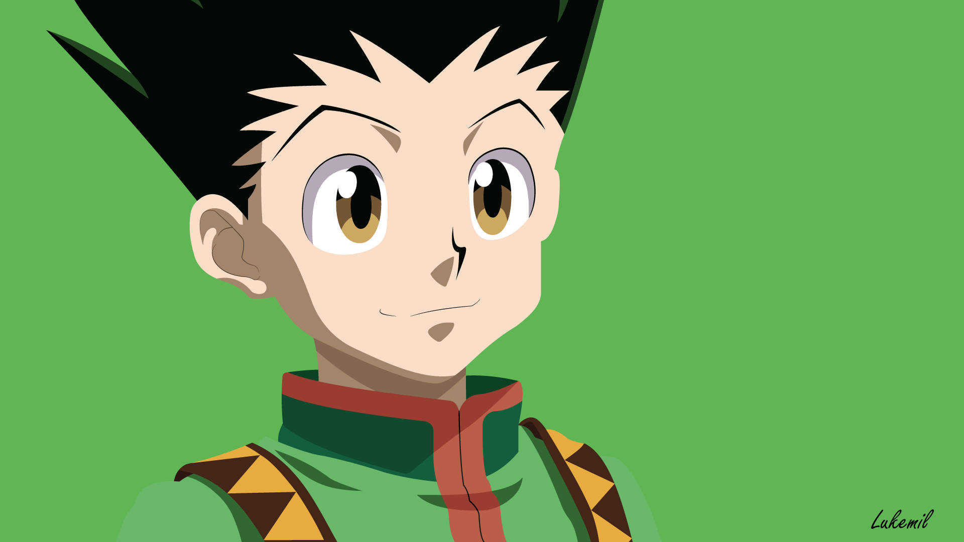 Gon 桌布 壁紙 — 一個決心堅定的動畫男孩的特寫，他有黑色刺蝟頭和棕色眼睛，背景是純綠色。