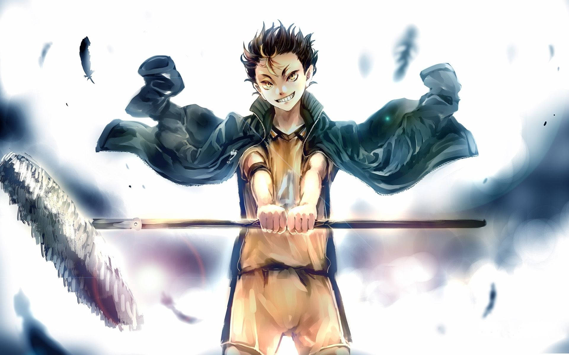 yu nishinoya 桌布 壁紙 — 一個決心堅定的動畫男孩穿著運動服，緊握掃帚柄，露出兇猛的笑容，羽毛在他周圍飛舞，背景是明亮的雲層。