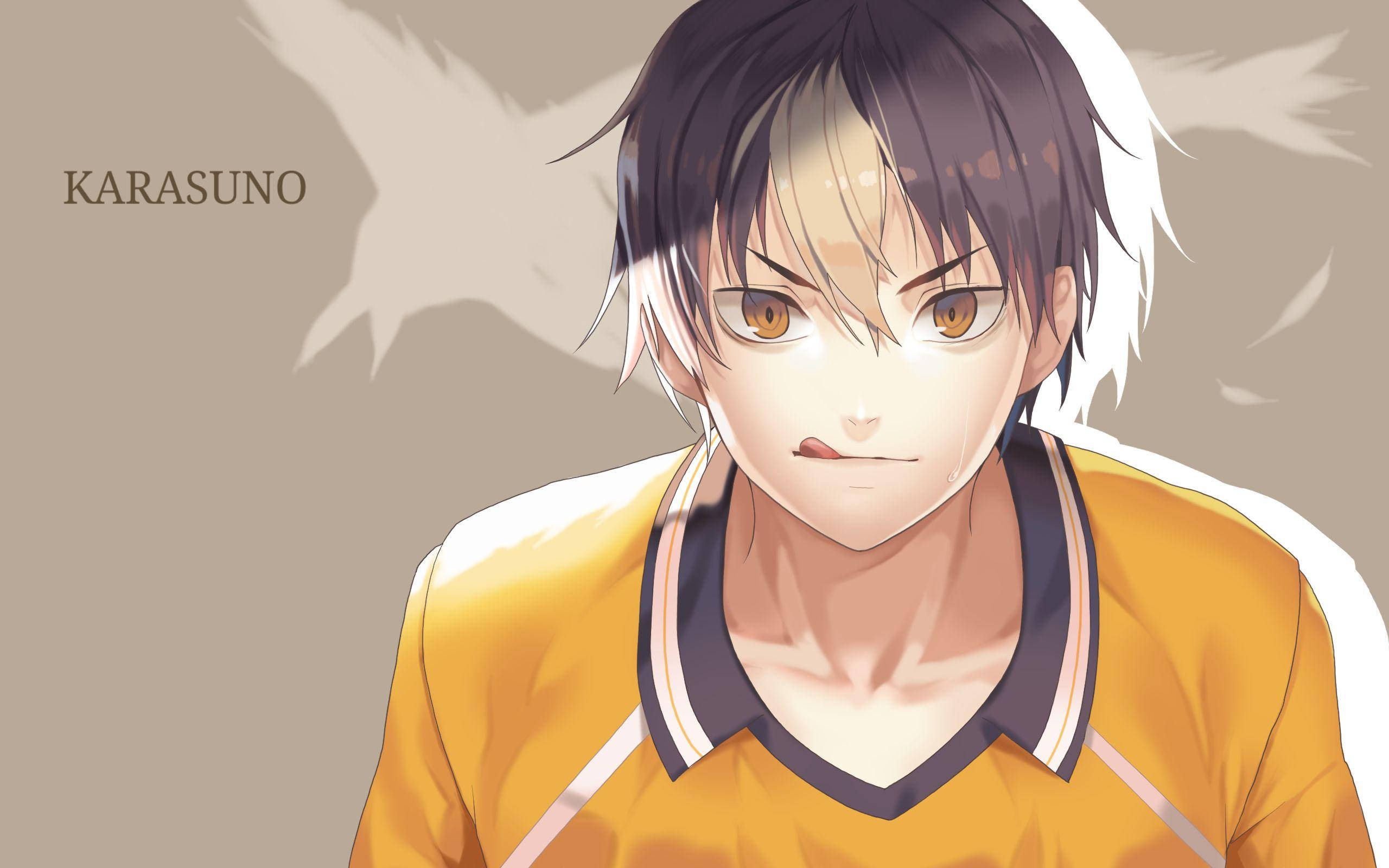 yu nishinoya 桌布 壁紙 — 一個決心堅定的動畫男孩穿著黃色運動球衣，額頭冒汗，在柔和的米色背景下凝視著。