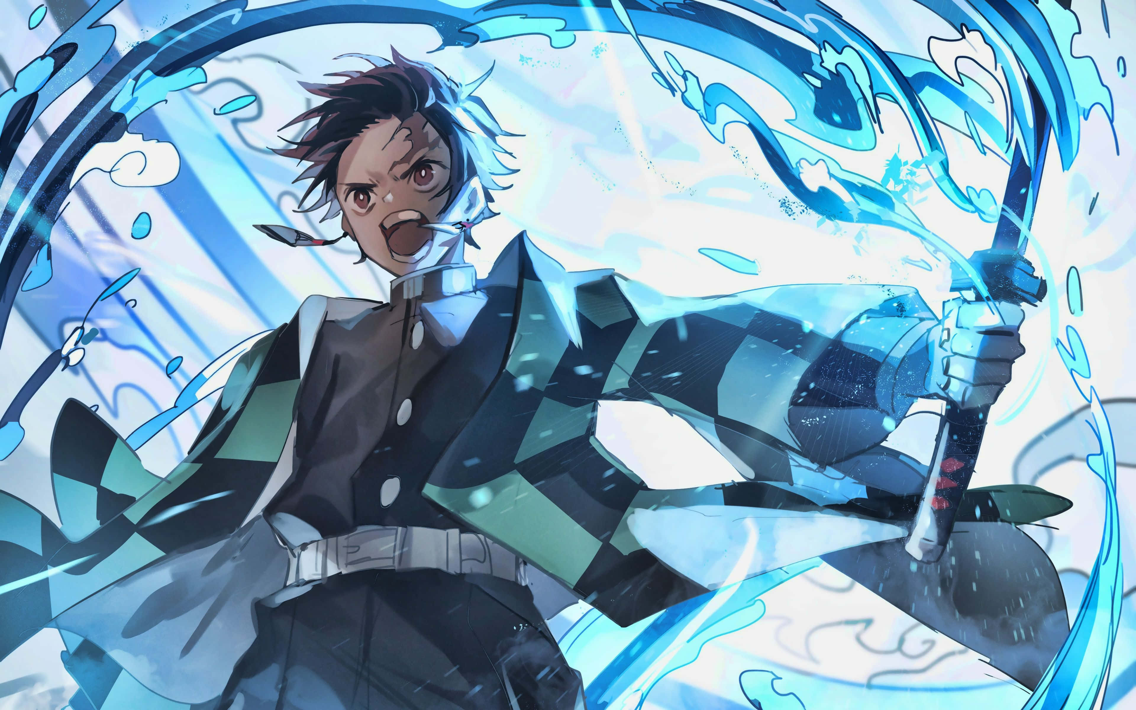 Kimetsu No Yaiba 桌布 壁紙 — 一個決心堅定的動畫男孩身穿格紋和服，揮舞著一把被旋轉水效果包圍的發光藍色劍。
