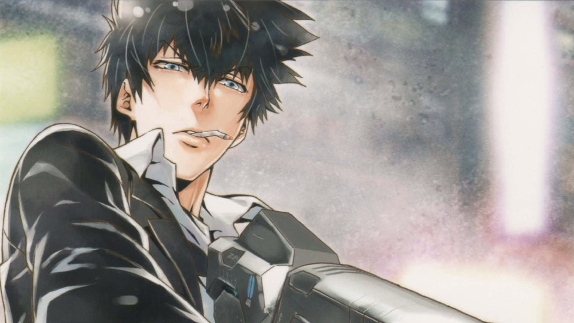 Shinya Kogami 桌布 壁紙 — 一個決心堅定的動畫男性，擁有刺蝟般的黑髮和藍眼睛，手持未來風格的槍支，雨滴在模糊的背景上劃過。