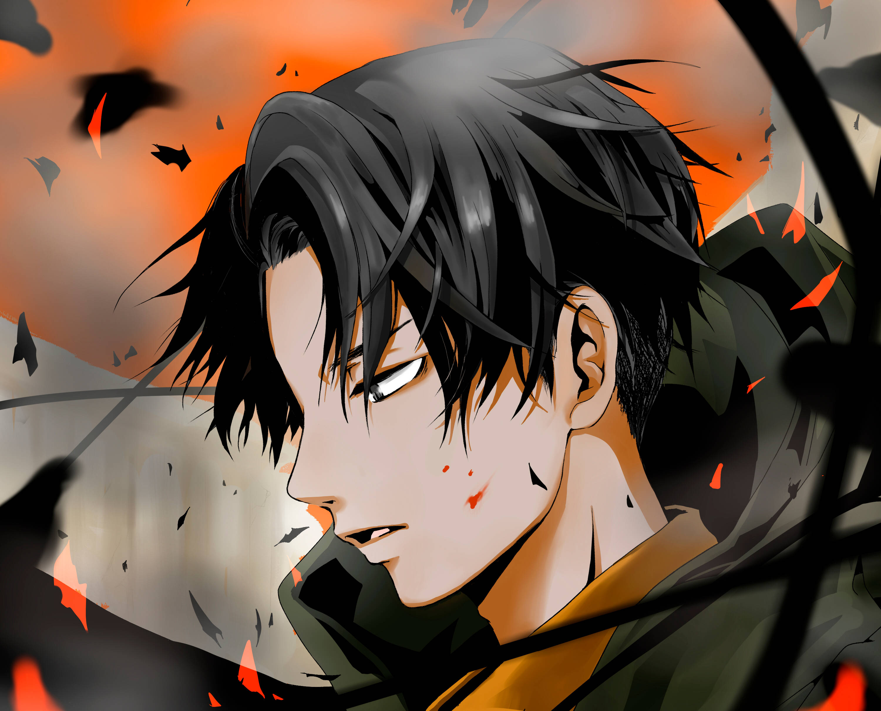 levi aesthetic 桌布 壁紙 — 一個決心堅定的動畫男性，黑髮且滿臉鮮血，在熾熱的橙色和灰色背景中，伴隨著飛揚的碎片，強烈地凝視著。