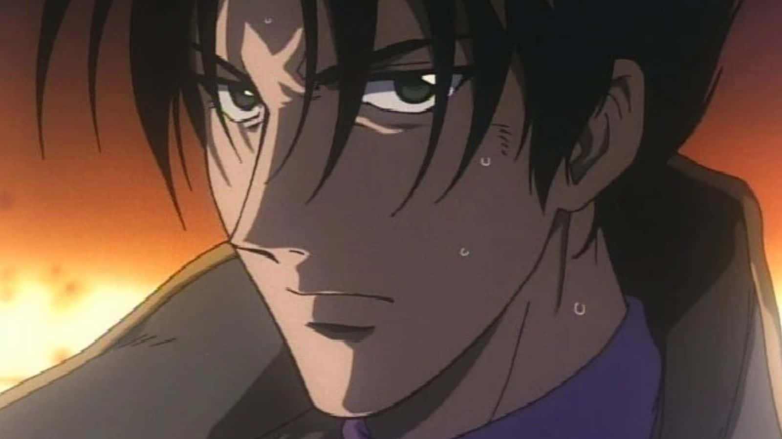 Cowboy Bebop Shin 桌布 壁紙 — 一個決心堅定的動畫男性角色，擁有深色頭髮和綠色眼睛，在熾熱的橙色日落背景下強烈凝視。