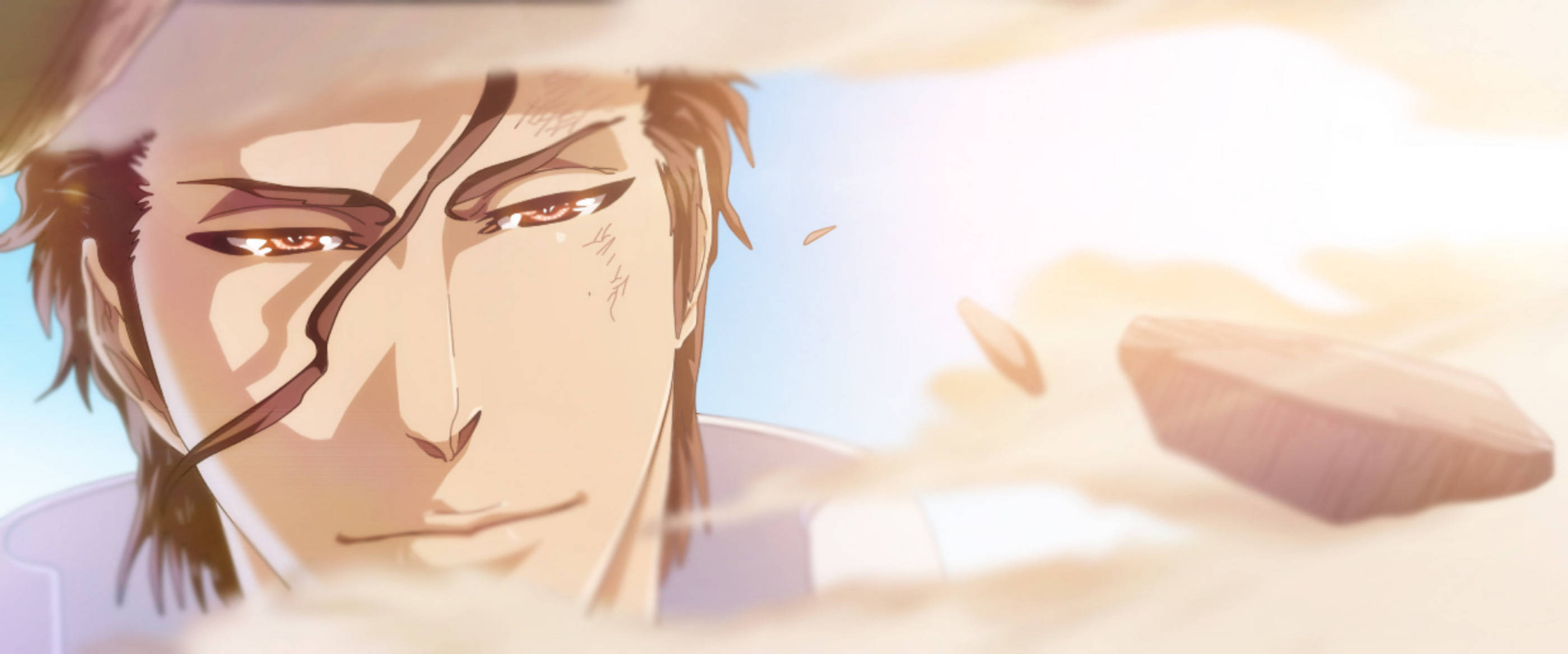 Aizen 桌布 壁紙 — 一個決心堅定的動畫男性角色，擁有棕色眼睛和頭髮，在溫暖陽光下部分被灰塵和碎片遮擋。