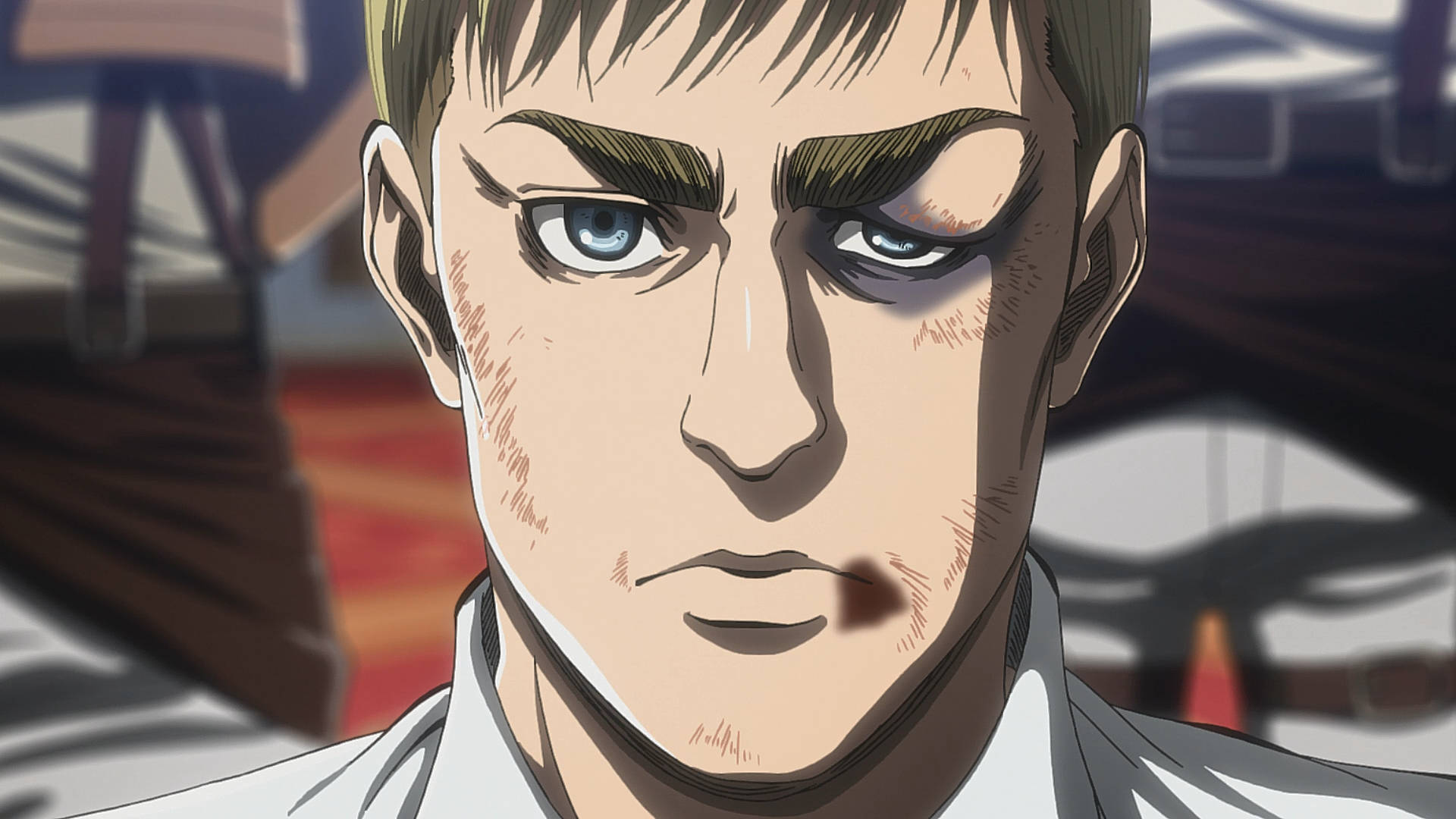 Erwin 桌布 壁紙 — 一個決心堅定的動畫男性角色特寫，藍色眼睛，臉上帶有疤痕，身穿白色襯衫。