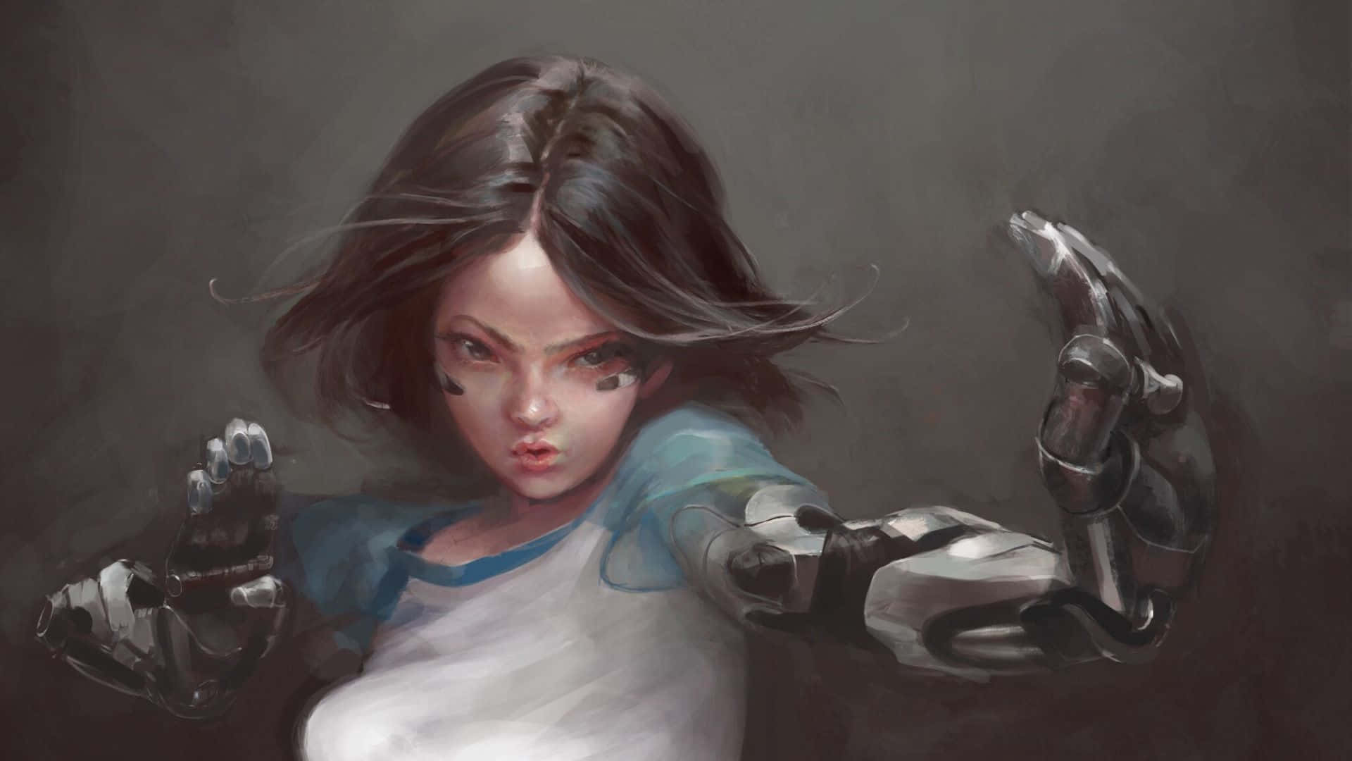 Alita Battle Angel 桌布 壁紙 — 一個決心堅定的年輕女性，深色頭髮，機械手臂，在柔和的灰色背景前凝視前方。