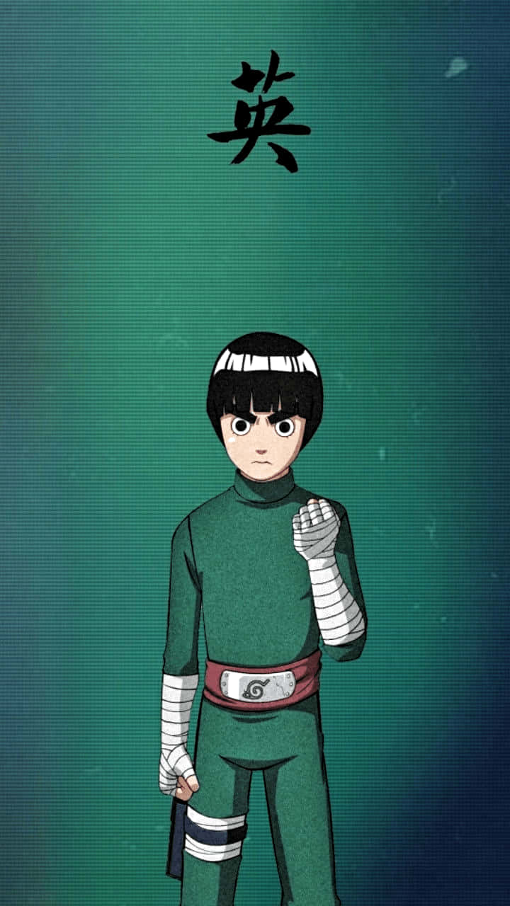 Naruto Green 桌布 壁紙 — 一個決心堅定的年輕忍者，身穿綠色裝備，站在帶有青色漸變背景前，上方有一個漢字。