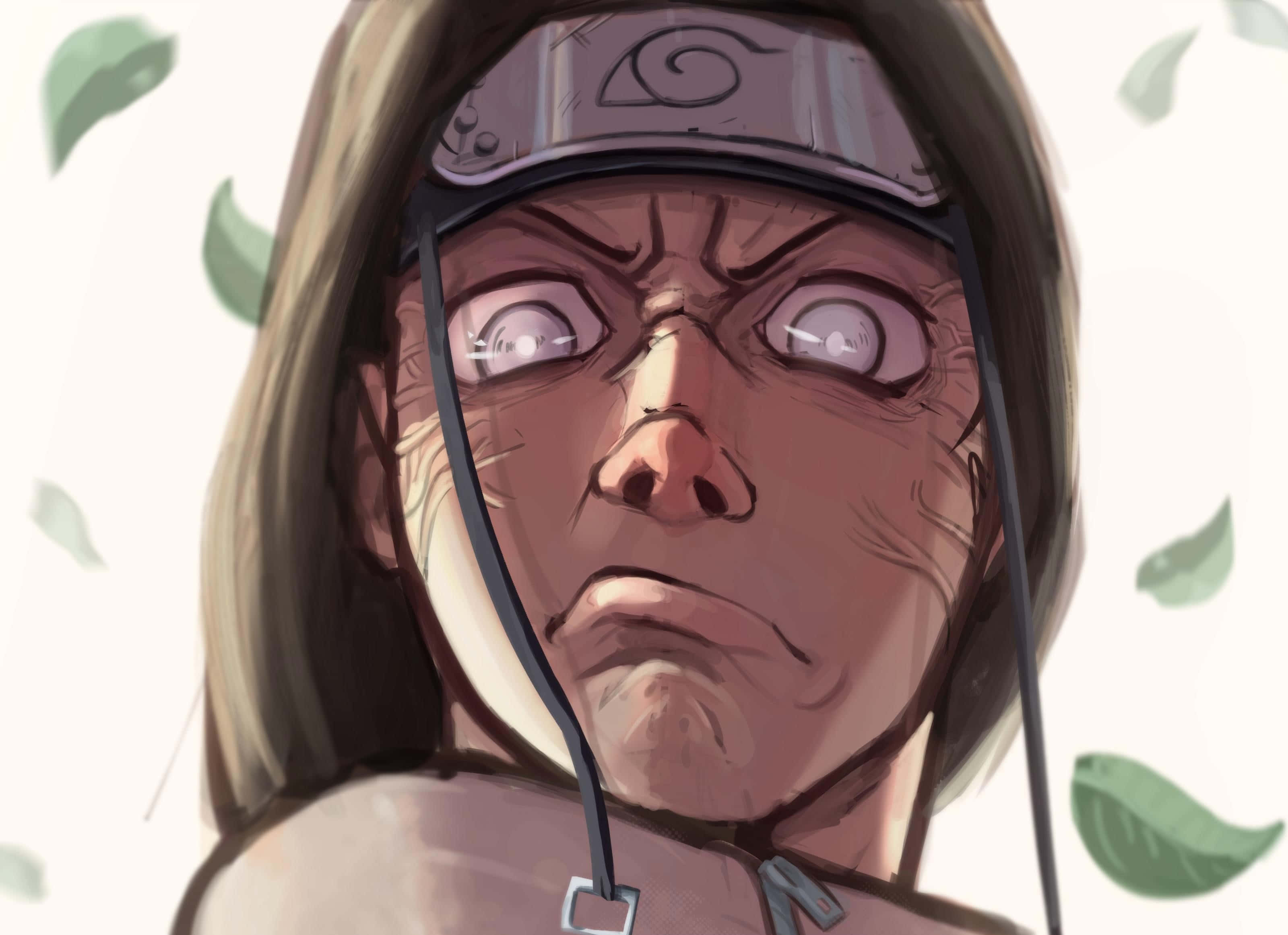 Neji Hyuga 桌布 壁紙 — 一個決心堅定的忍者特寫動畫肖像，戴著頭帶，綠色樹葉在他強烈的臉龐周圍旋轉。