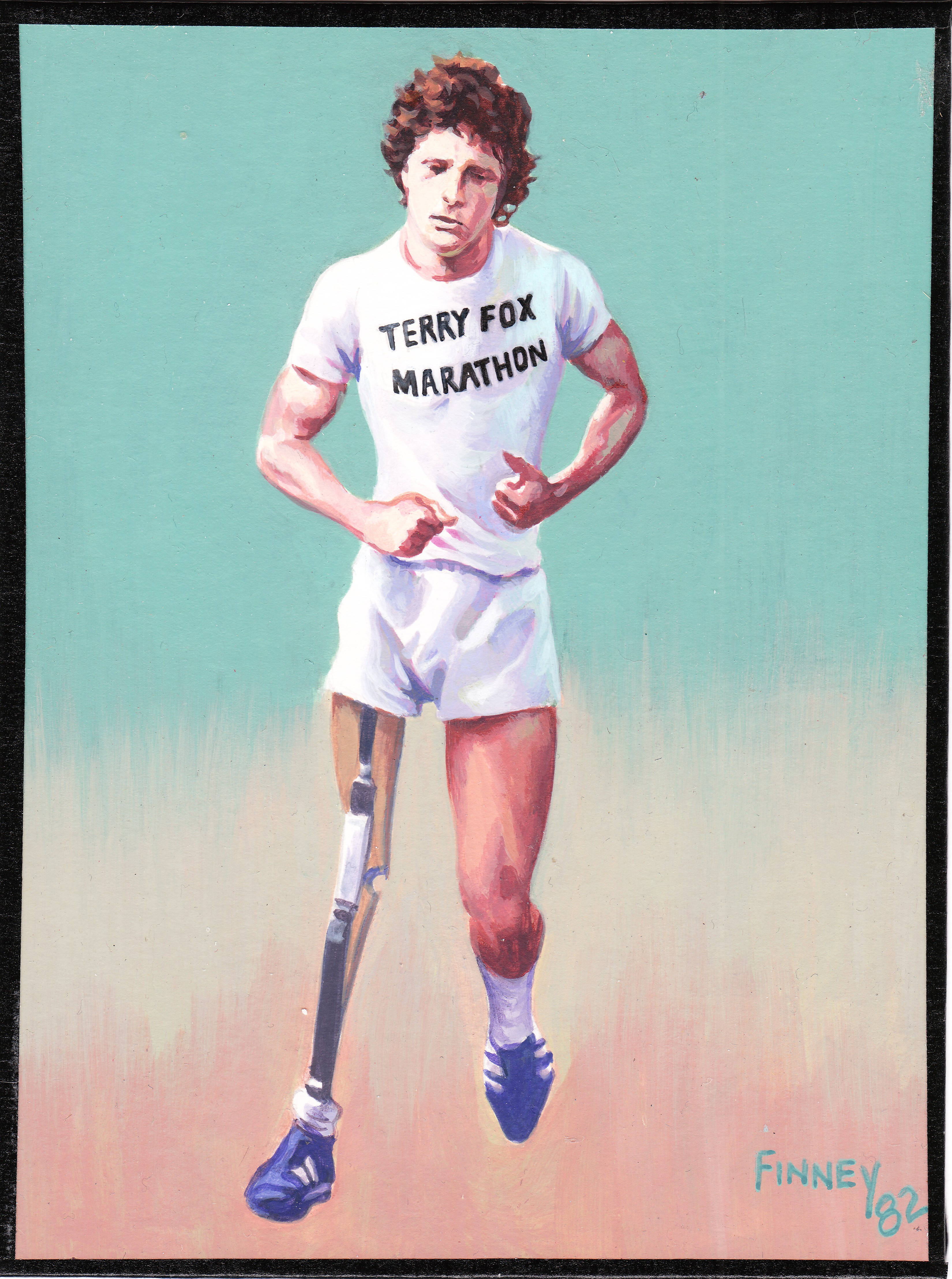 Terry 桌布 壁紙 — 一個決心堅定的男人戴著義肢，穿著白色「Terry Fox Marathon」T恤，在柔和的青綠色和蜜桃色漸變背景前奔跑。