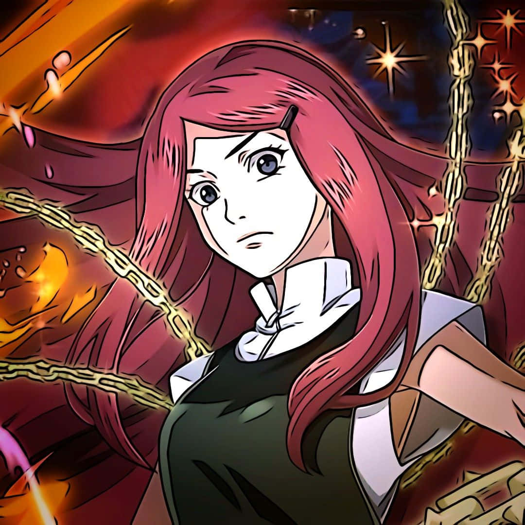 Kushina Uzumaki 桌布 壁紙 — 一個決心堅定的粉紅色頭髮動漫女孩，在熾熱的宇宙背景下揮舞著發光的鎖鏈。
