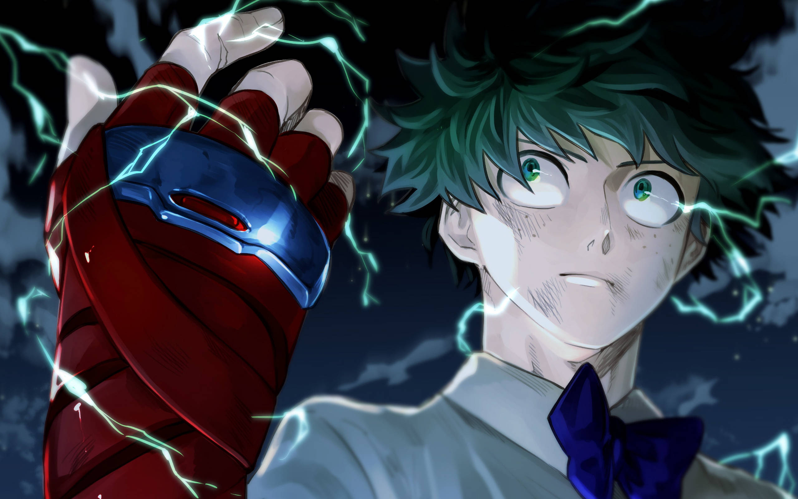 Villain 桌布 壁紙 — 一個決心堅定的綠髮動畫男孩，透過他的紅色護手向暴風雨的夜空釋放電能。